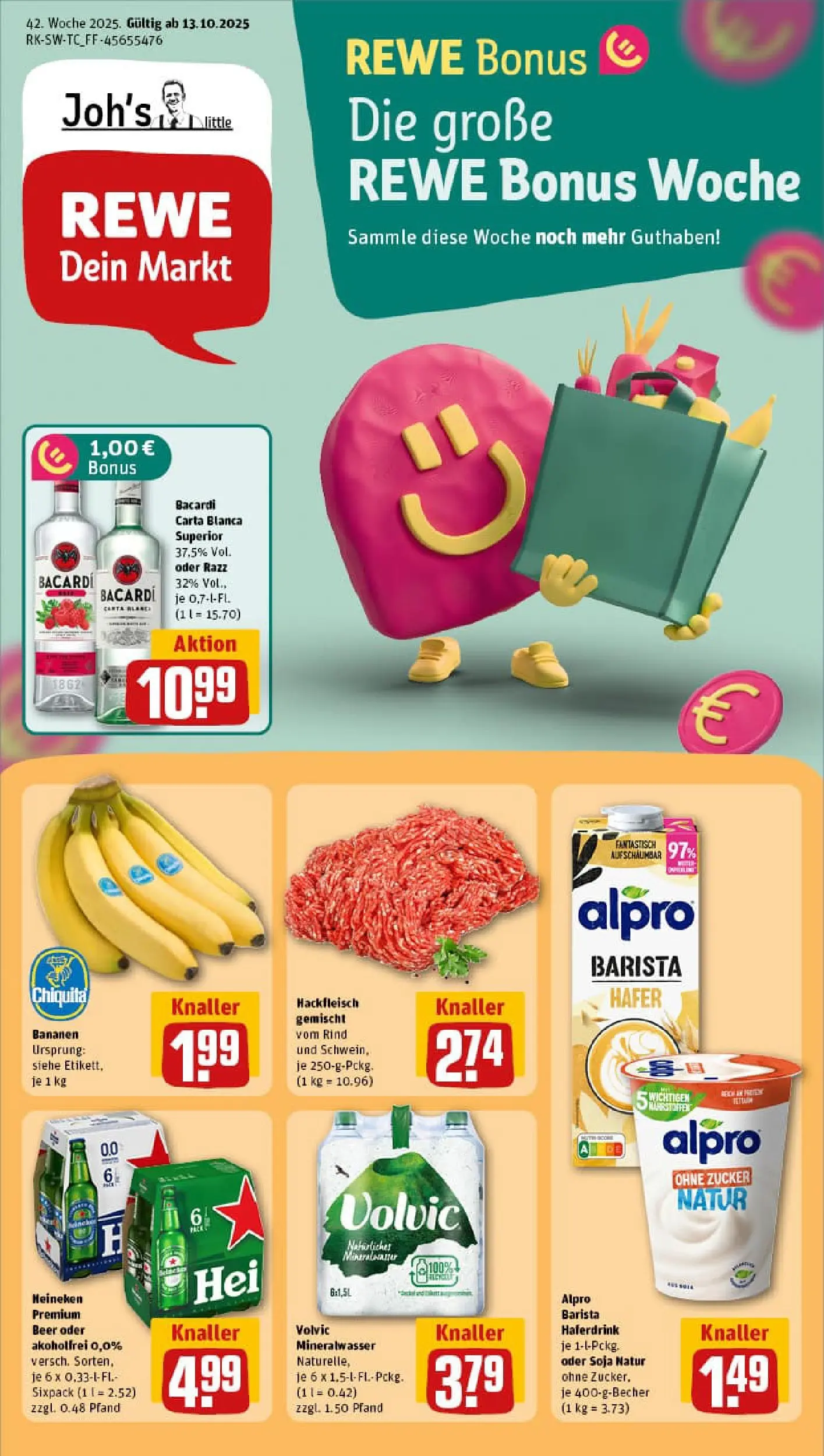 REWE Prospekt ab 13.10.2025 zum Blättern » Angebote | Seite: 1 | Produkte: Haferdrink, Alpro, Volvic, Hackfleisch