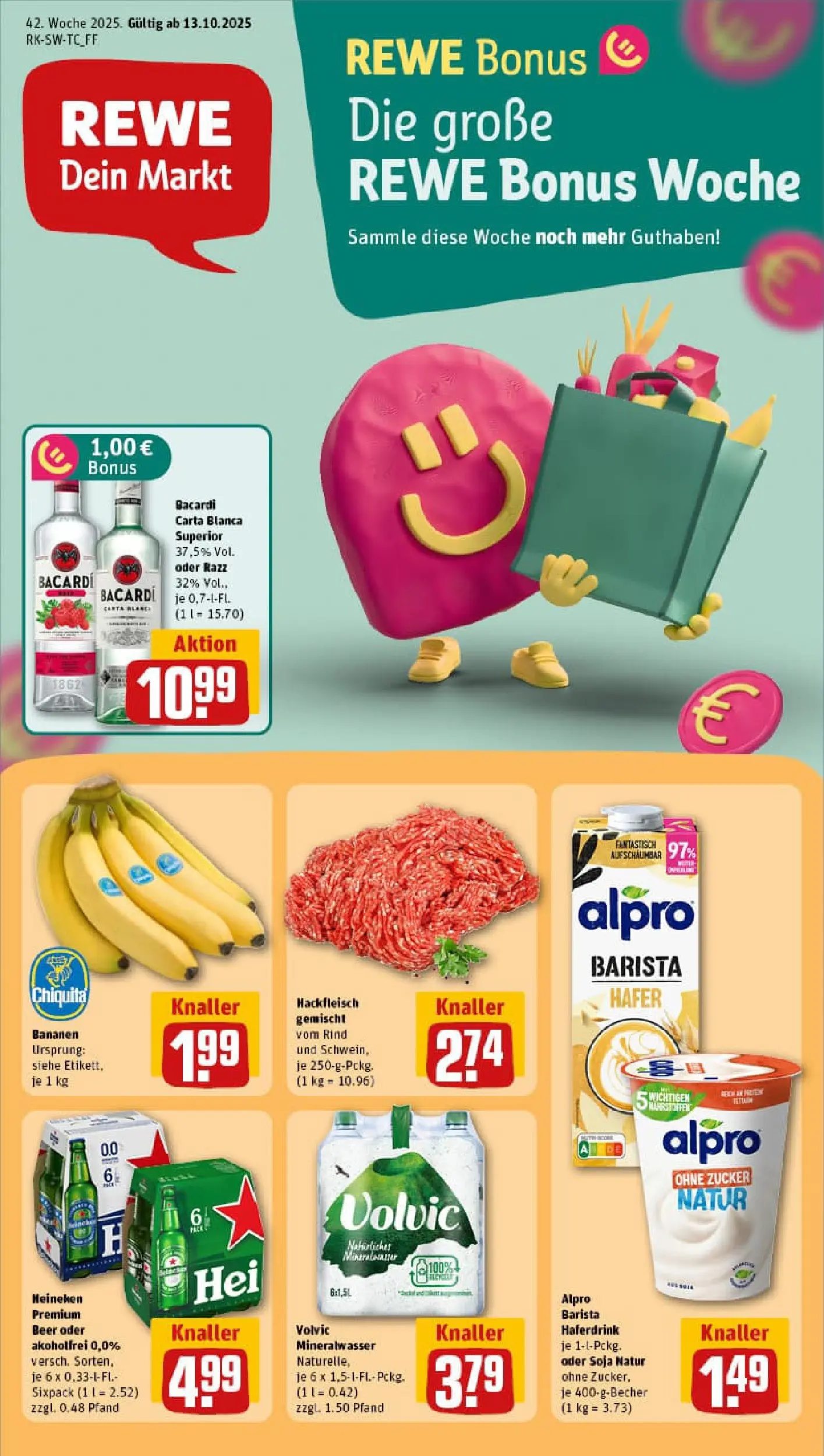 REWE Prospekt ab 13.10.2025 zum Blättern » Angebote | Seite: 1 | Produkte: Bacardi, Heineken, Zucker, Hackfleisch