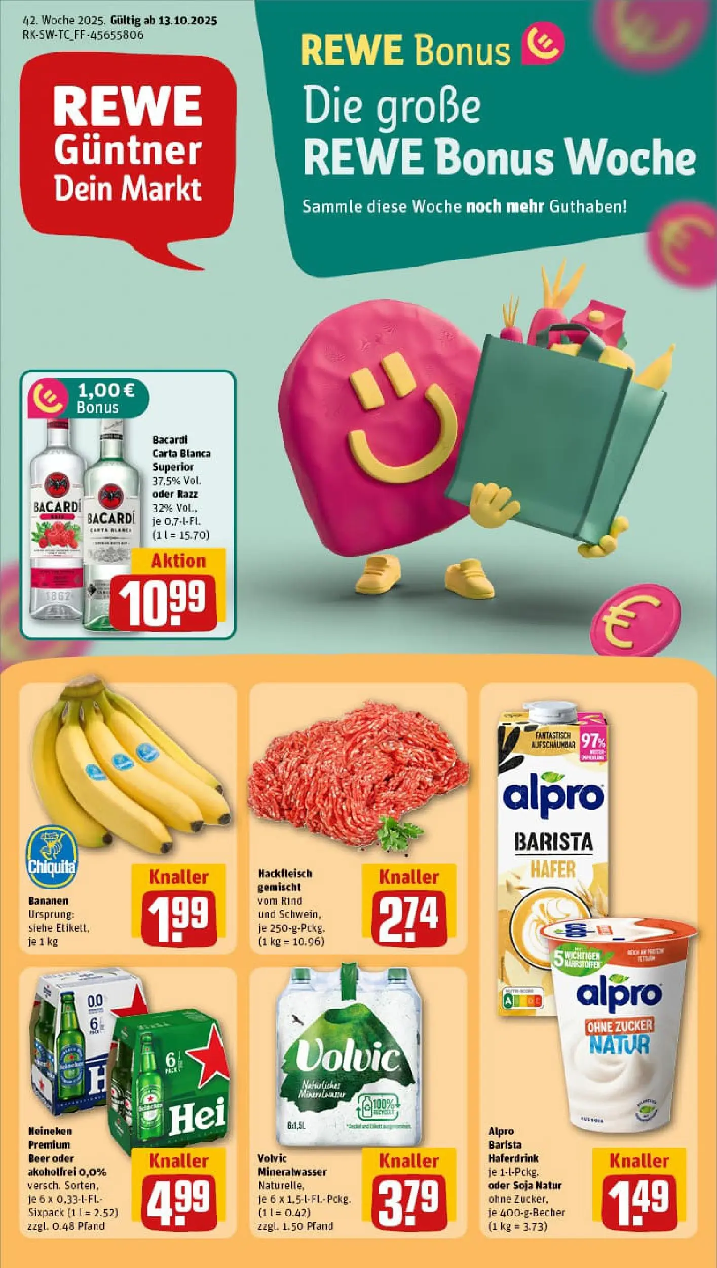 REWE Prospekt ab 13.10.2025 zum Blättern » Angebote | Seite: 1 | Produkte: Heineken, Zucker, Volvic, Hackfleisch