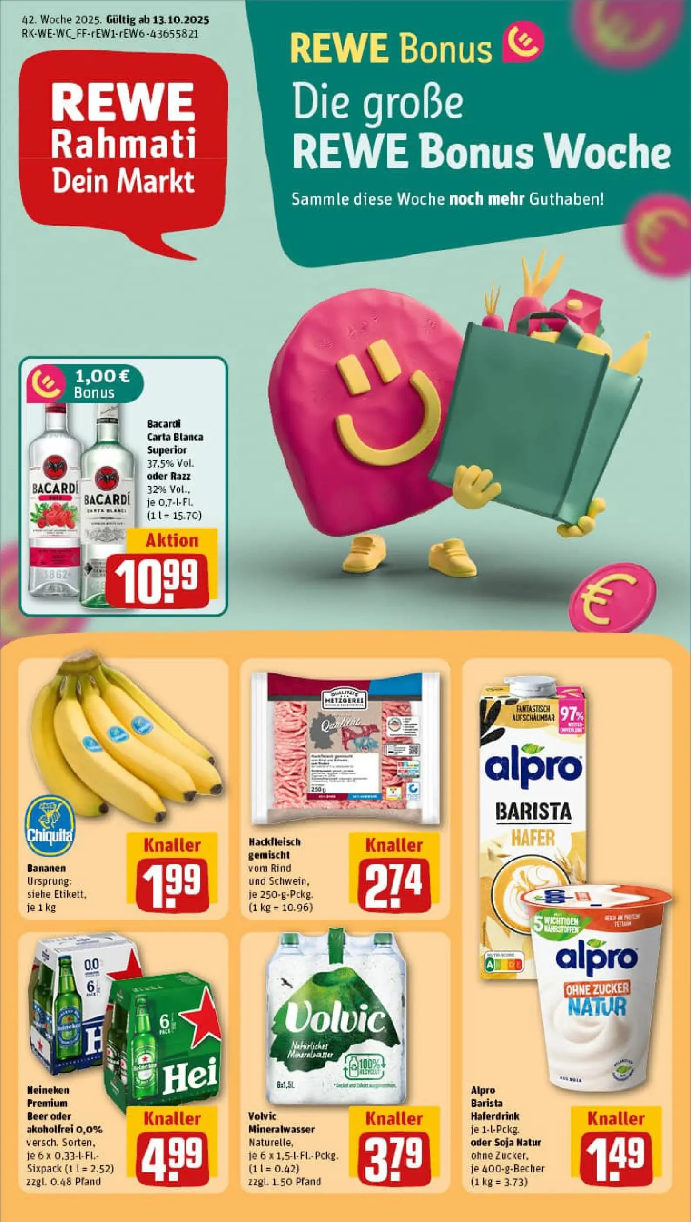 REWE Prospekt ab 13.10.2025 zum Blättern » Angebote | Seite: 1 | Produkte: Bacardi, Haferdrink, Heineken, Alpro
