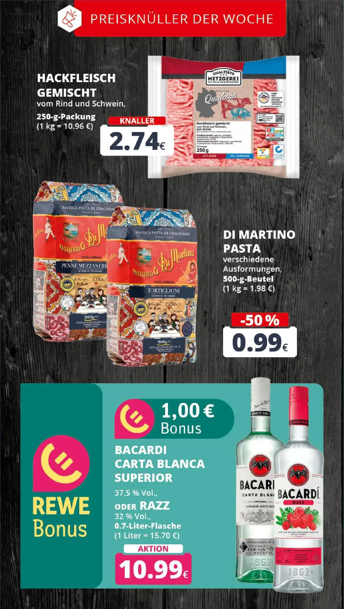 REWE Prospekt ab 13.10.2025 zum Blättern » Angebote | Seite: 4 | Produkte: Bacardi, Rum, Pasta, Hackfleisch