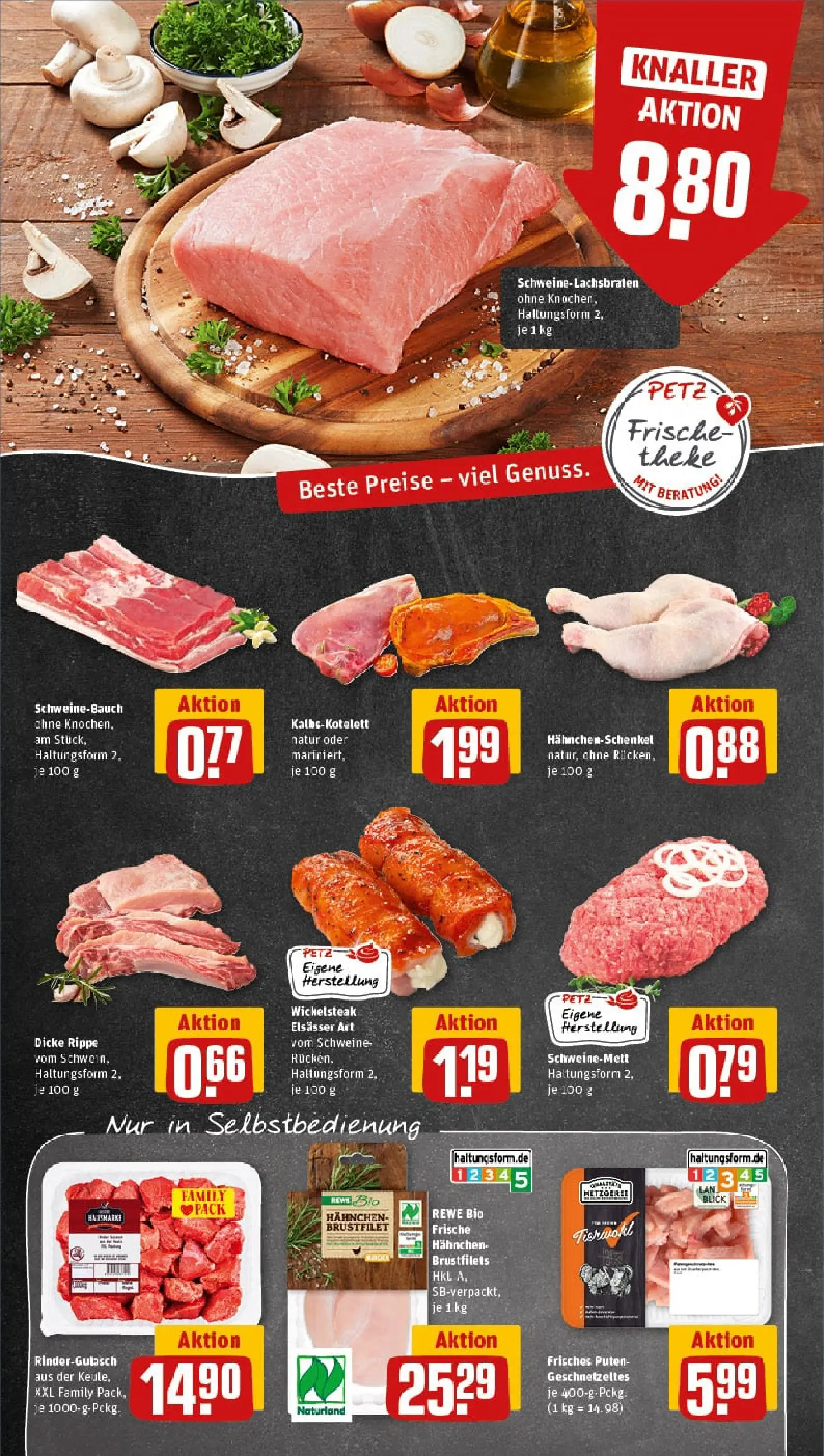 REWE Prospekt ab 13.10.2025 zum Blättern » Angebote | Seite: 8 | Produkte: Rindergulasch, Hahnchen, Theke, Schweinebauch