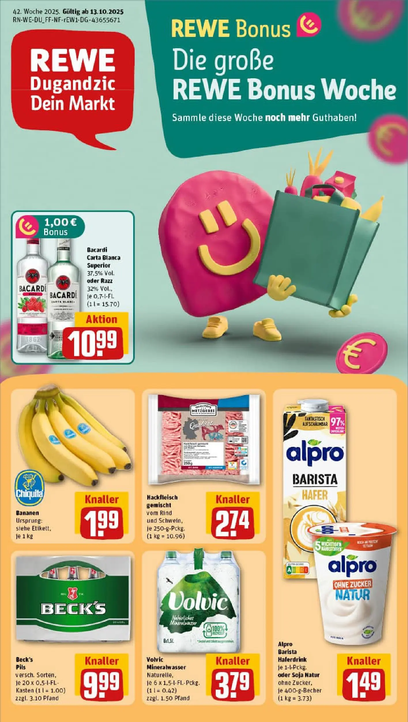 REWE Prospekt ab 13.10.2025 zum Blättern » Angebote | Seite: 1 | Produkte: Bananen, Haferdrink, Zucker, Hackfleisch