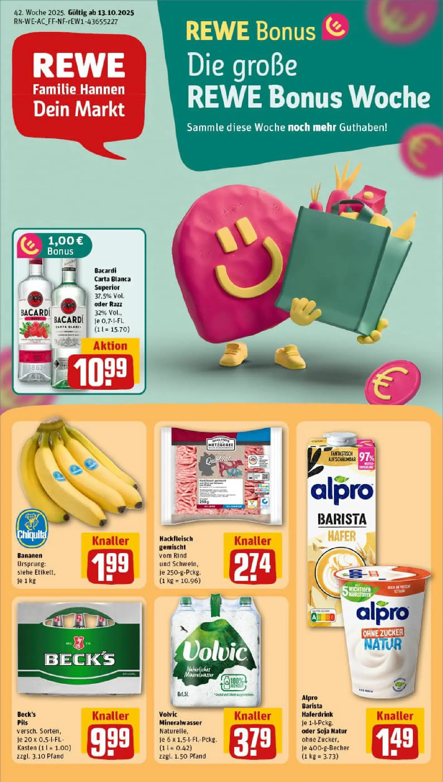 REWE Prospekt ab 13.10.2025 zum Blättern » Angebote | Seite: 1 | Produkte: Bananen, Haferdrink, Alpro, Hackfleisch