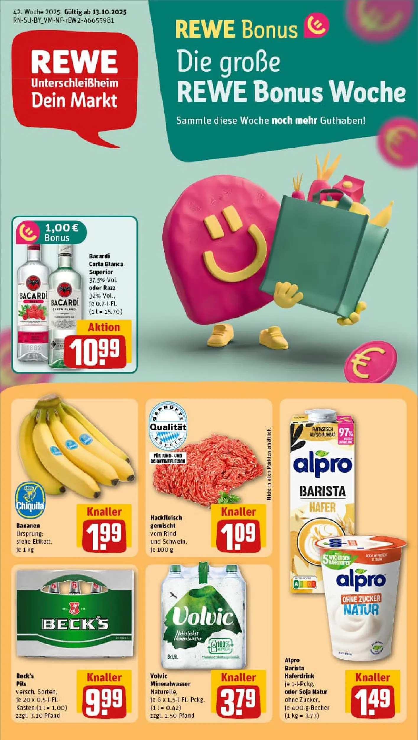 REWE Prospekt ab 13.10.2025 zum Blättern » Angebote | Seite: 1 | Produkte: Bacardi, Mineralwasser, Zucker, Volvic