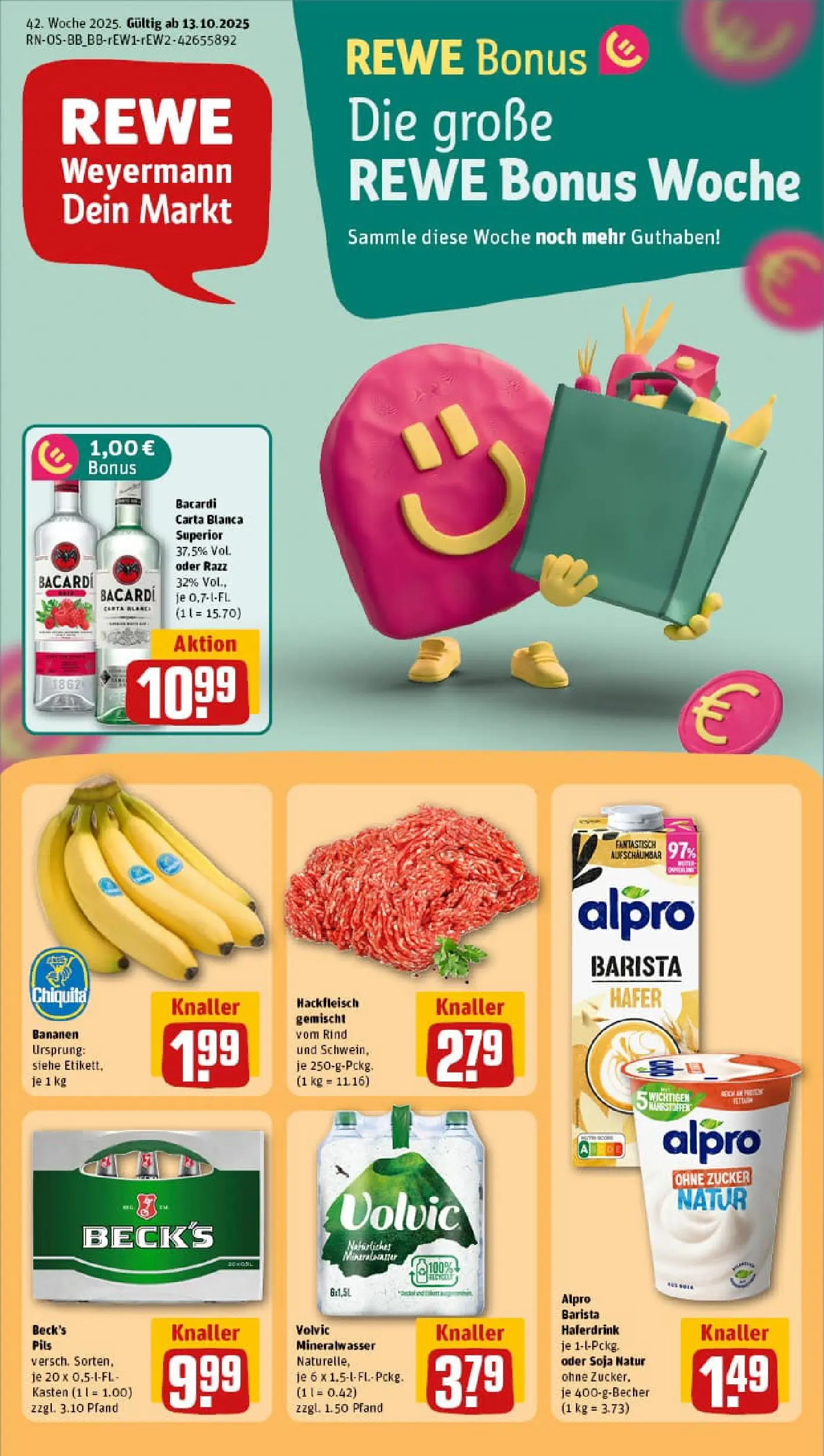REWE Prospekt ab 13.10.2025 zum Blättern » Angebote | Seite: 1 | Produkte: Mineralwasser, Alpro, Volvic, Hackfleisch