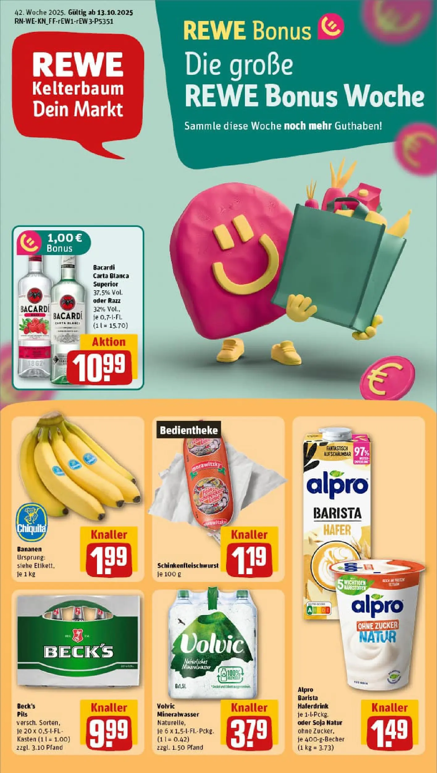 REWE Prospekt ab 13.10.2025 zum Blättern » Angebote | Seite: 1 | Produkte: Bacardi, Bananen, Alpro, Zucker