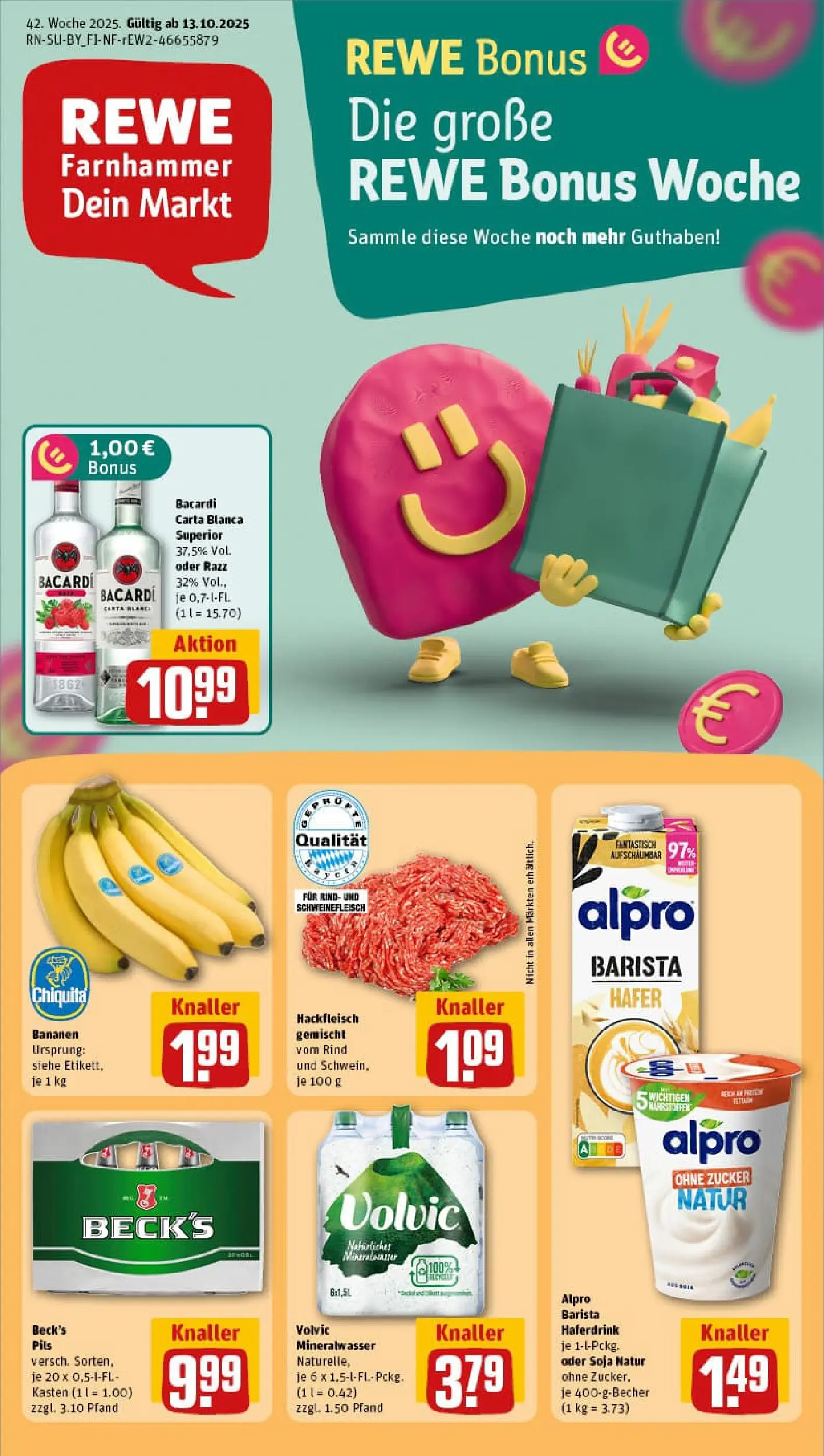 REWE Prospekt ab 13.10.2025 zum Blättern » Angebote | Seite: 1 | Produkte: Rum, Haferdrink, Zucker, Schweinefleisch