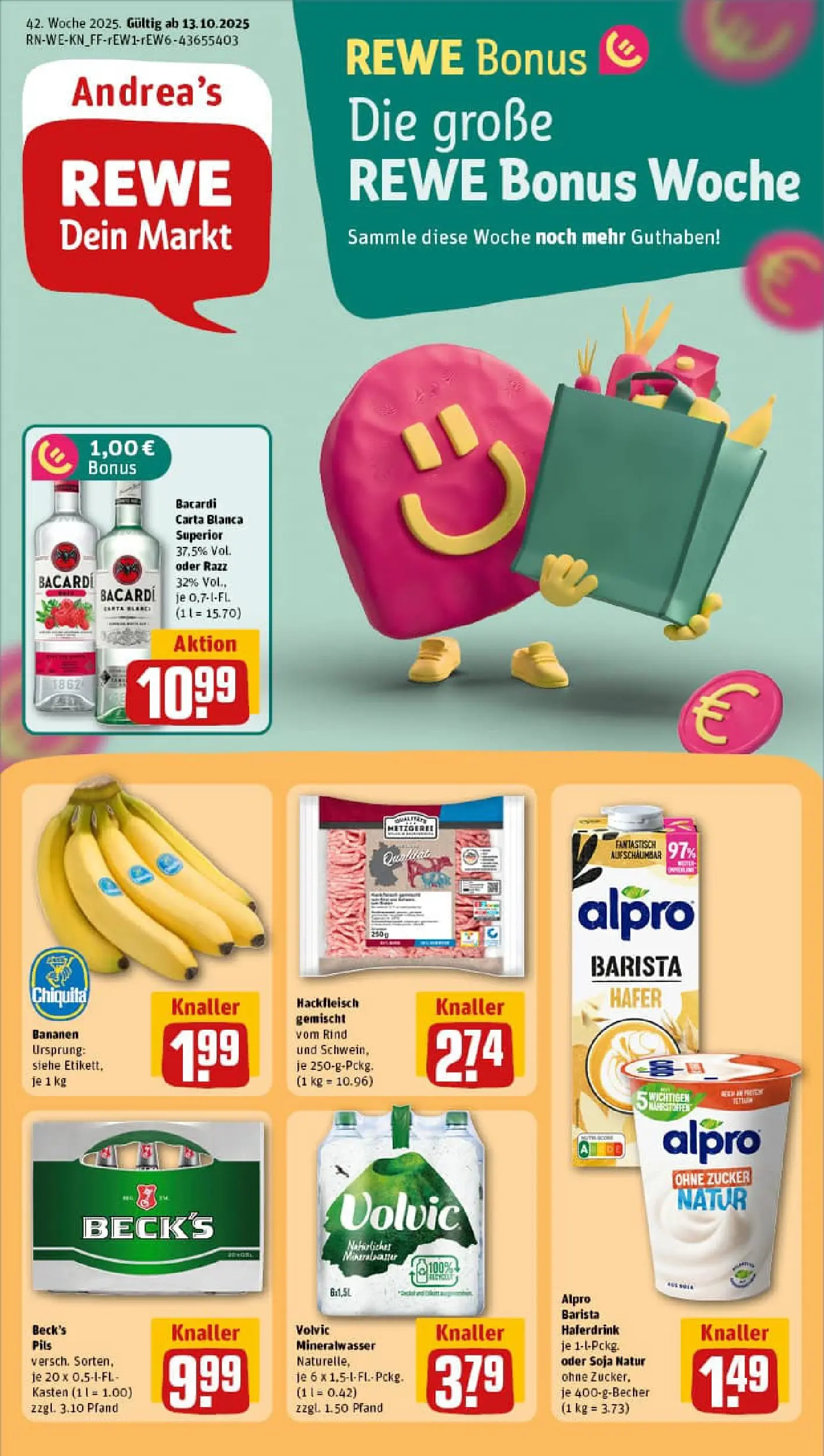 REWE Prospekt ab 13.10.2025 zum Blättern » Angebote | Seite: 1 | Produkte: Bacardi, Bananen, Volvic, Hackfleisch