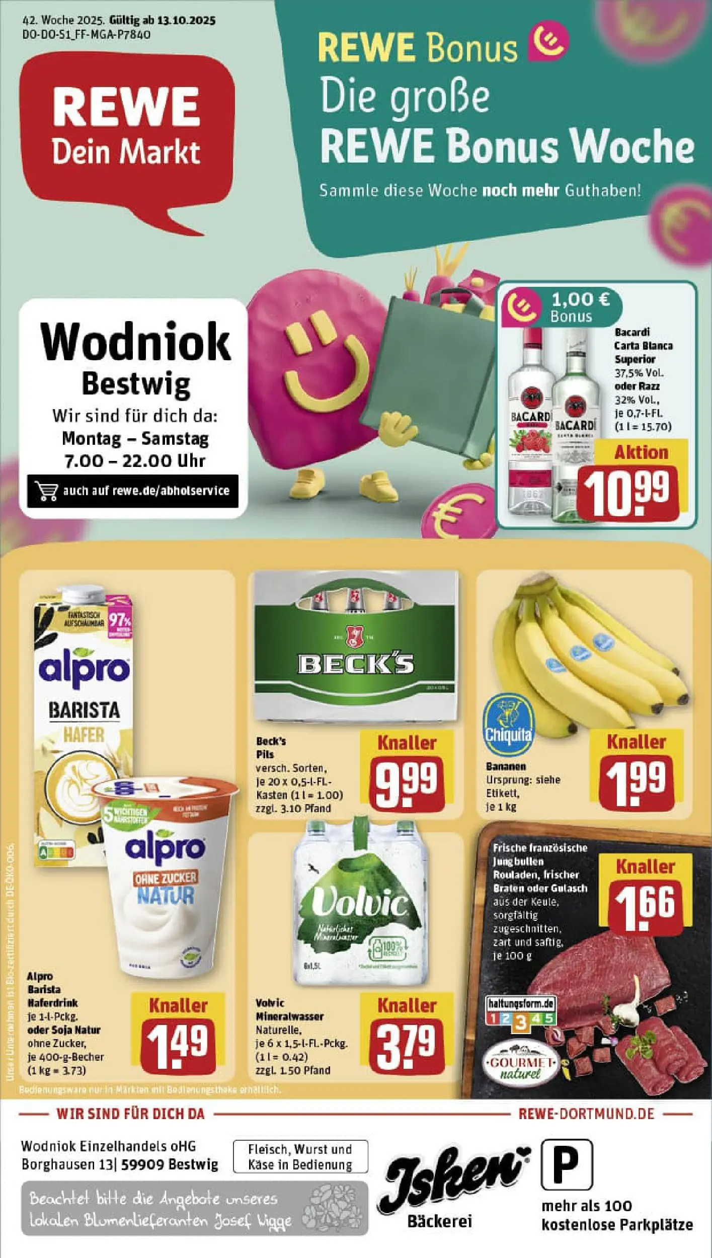 REWE Prospekt ab 13.10.2025 zum Blättern » Angebote | Seite: 1 | Produkte: Bacardi, Mineralwasser, Alpro, Zucker
