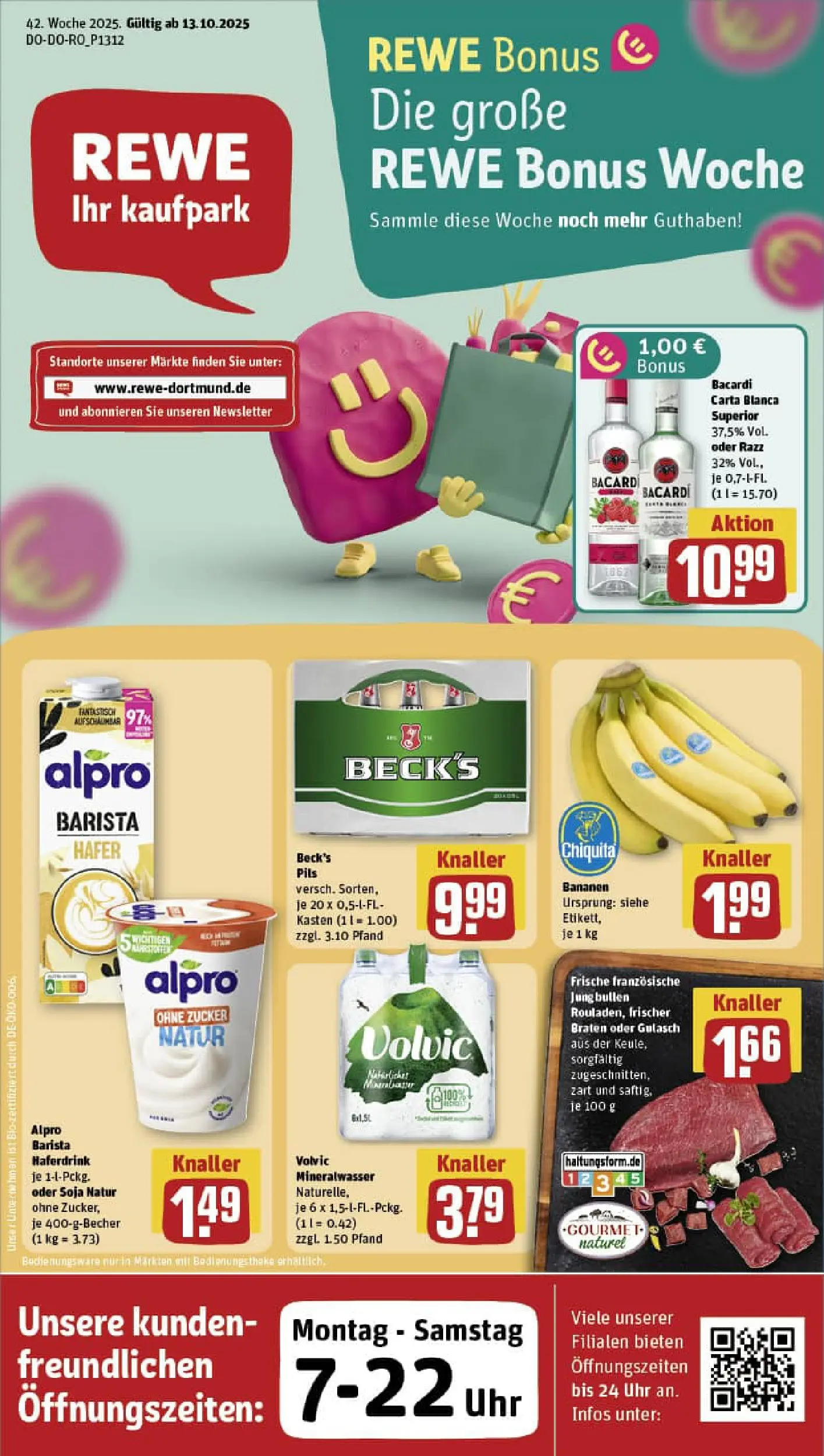 REWE Prospekt ab 13.10.2025 zum Blättern » Angebote | Seite: 1 | Produkte: Bananen, Mineralwasser, Volvic, Uhr