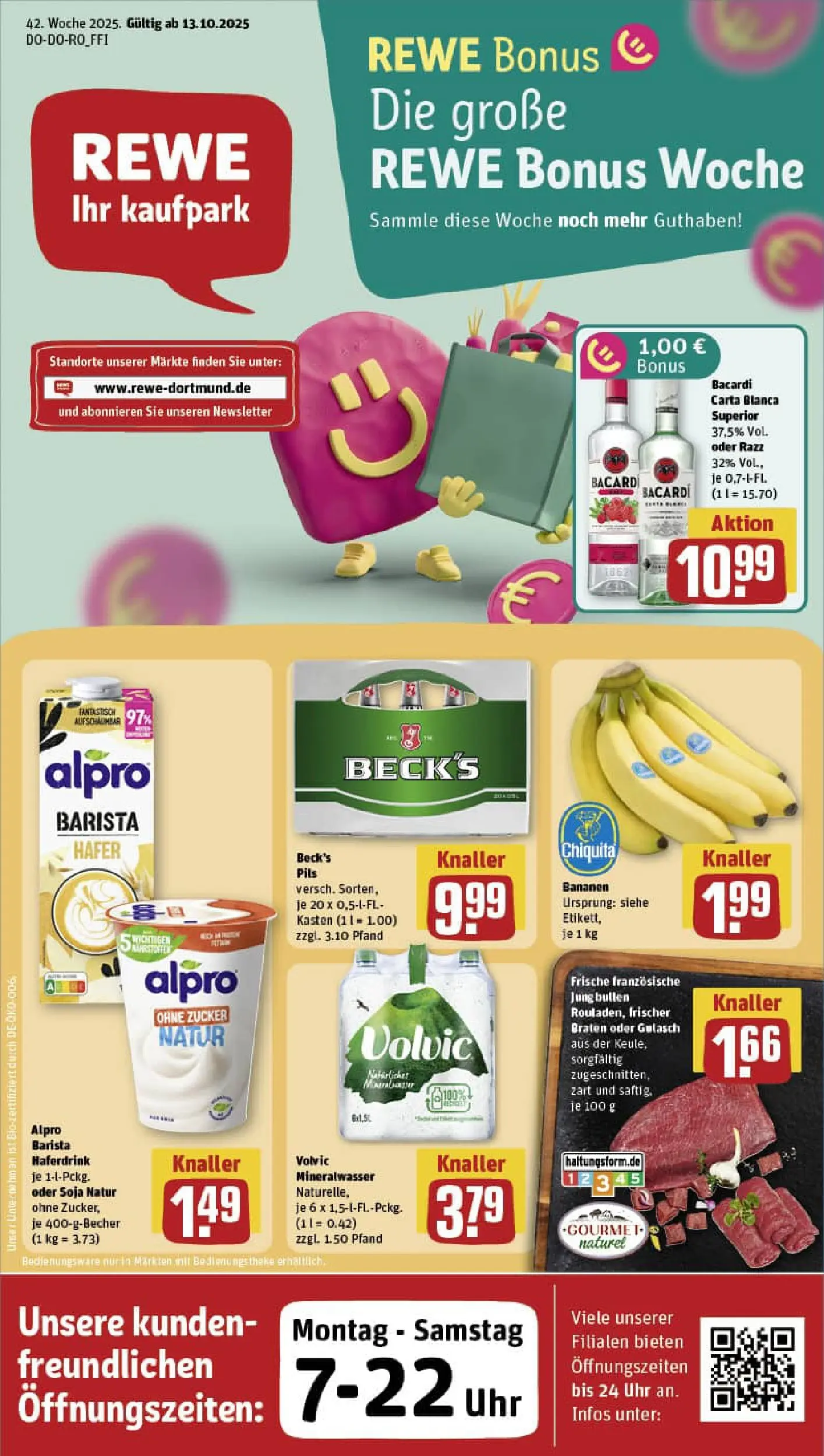 REWE Prospekt ab 13.10.2025 zum Blättern » Angebote | Seite: 1 | Produkte: Theke, Mineralwasser, Alpro, Volvic