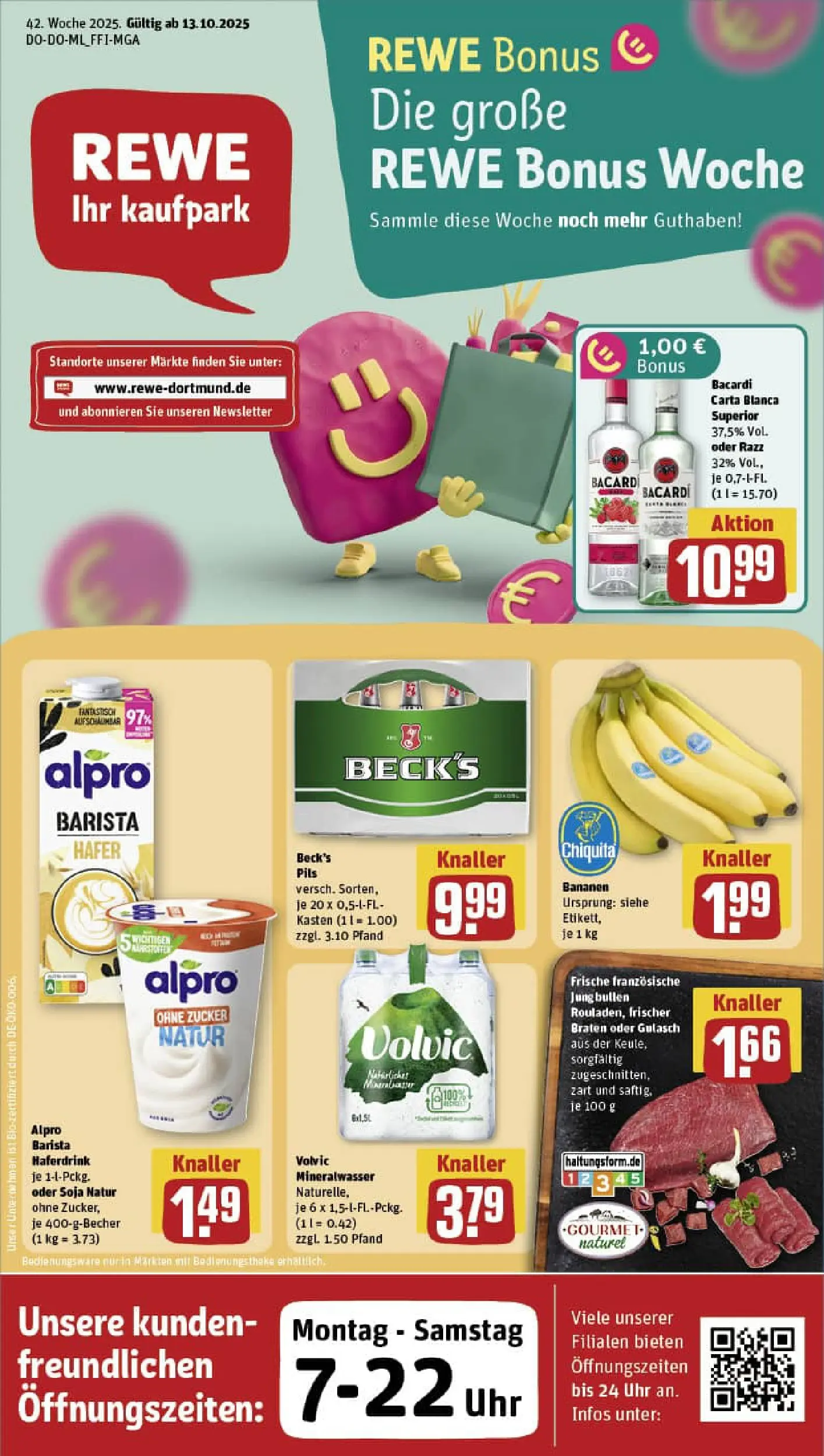REWE Prospekt ab 13.10.2025 zum Blättern » Angebote | Seite: 1 | Produkte: Bacardi, Haferdrink, Zucker, Uhr