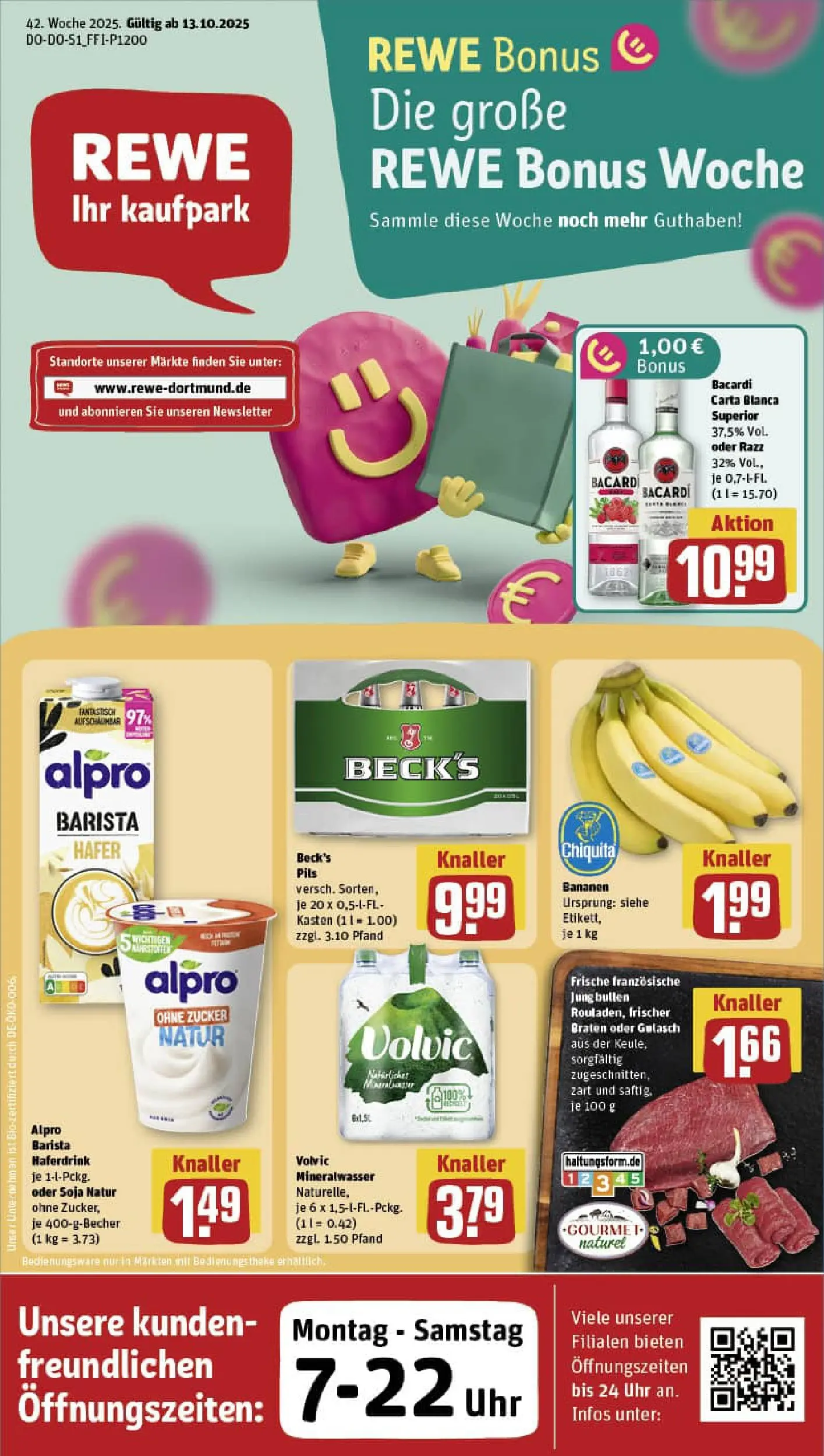 REWE Prospekt ab 13.10.2025 zum Blättern » Angebote | Seite: 2 | Produkte: Bananen, Mineralwasser, Haferdrink, Uhr