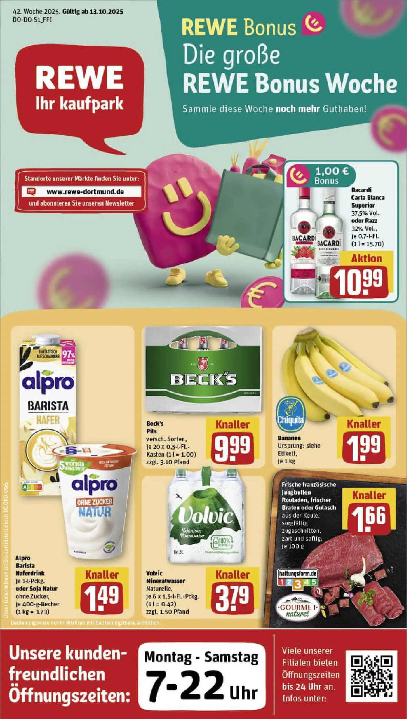 REWE Prospekt ab 13.10.2025 zum Blättern » Angebote | Seite: 1 | Produkte: Bacardi, Rum, Haferdrink, Volvic