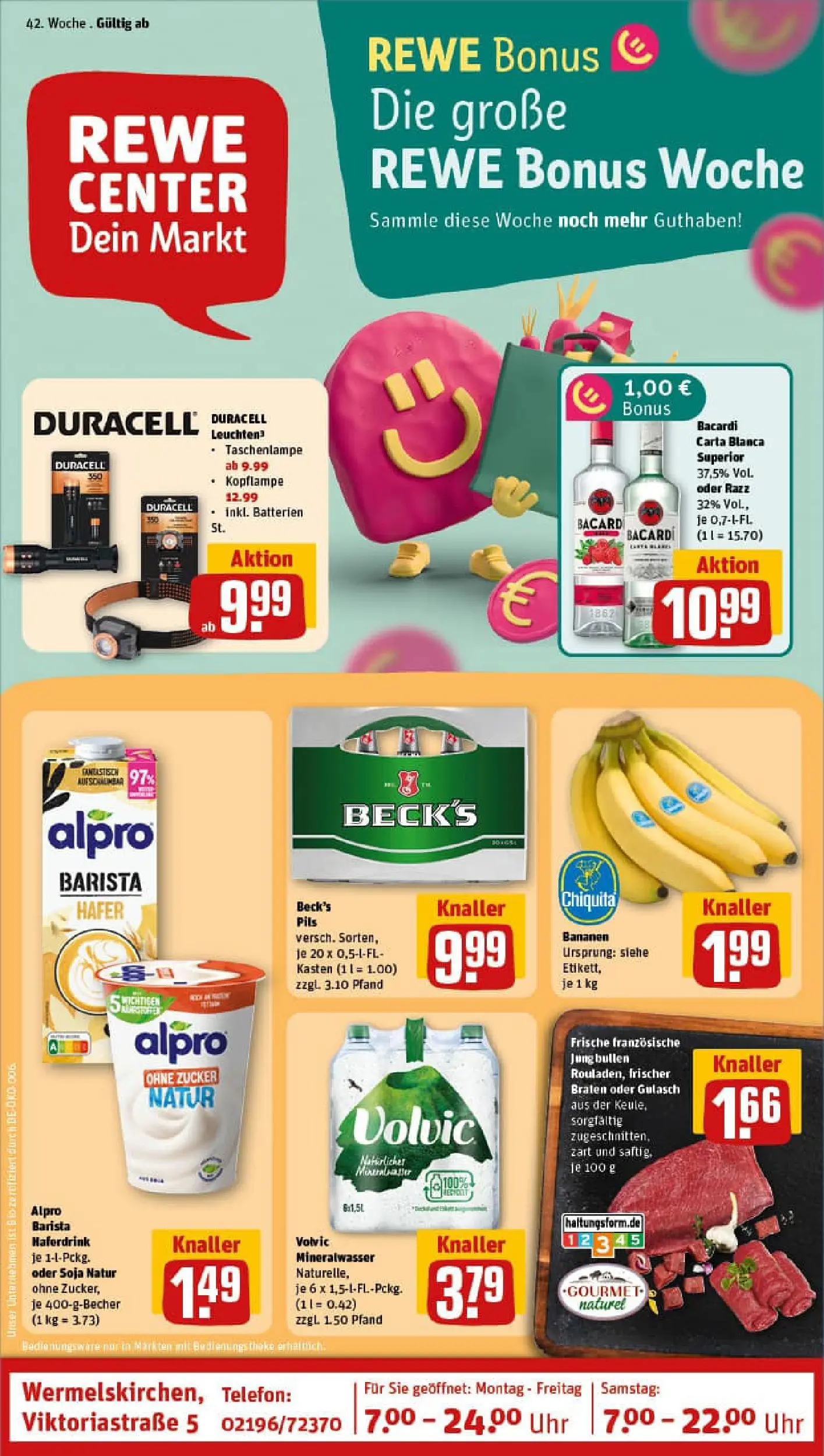 REWE Prospekt ab 13.10.2025 zum Blättern » Angebote | Seite: 1 | Produkte: Bacardi, Batterien, Theke, Mineralwasser