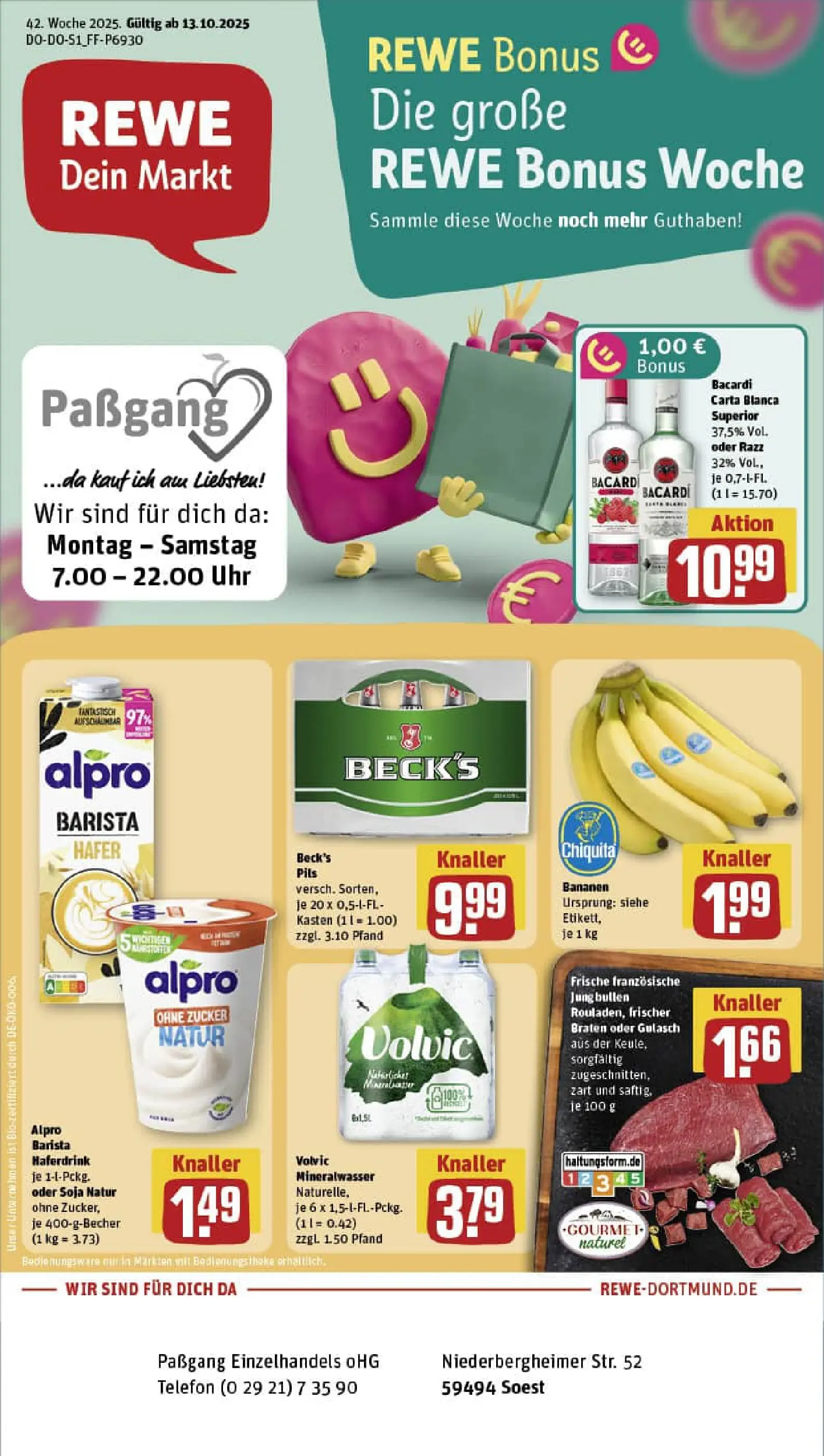 REWE Prospekt ab 13.10.2025 zum Blättern » Angebote | Seite: 1 | Produkte: Mineralwasser, Haferdrink, Alpro, Zucker