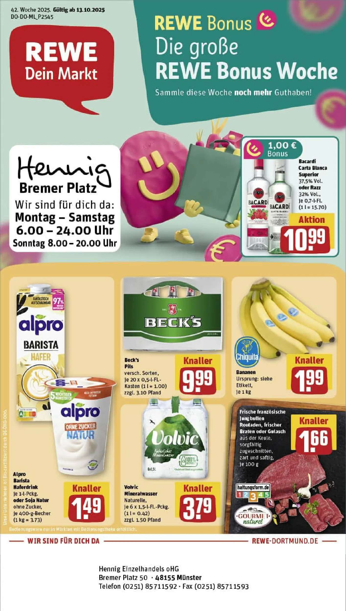 REWE Prospekt ab 13.10.2025 zum Blättern » Angebote | Seite: 1 | Produkte: Mineralwasser, Alpro, Gulasch, Volvic