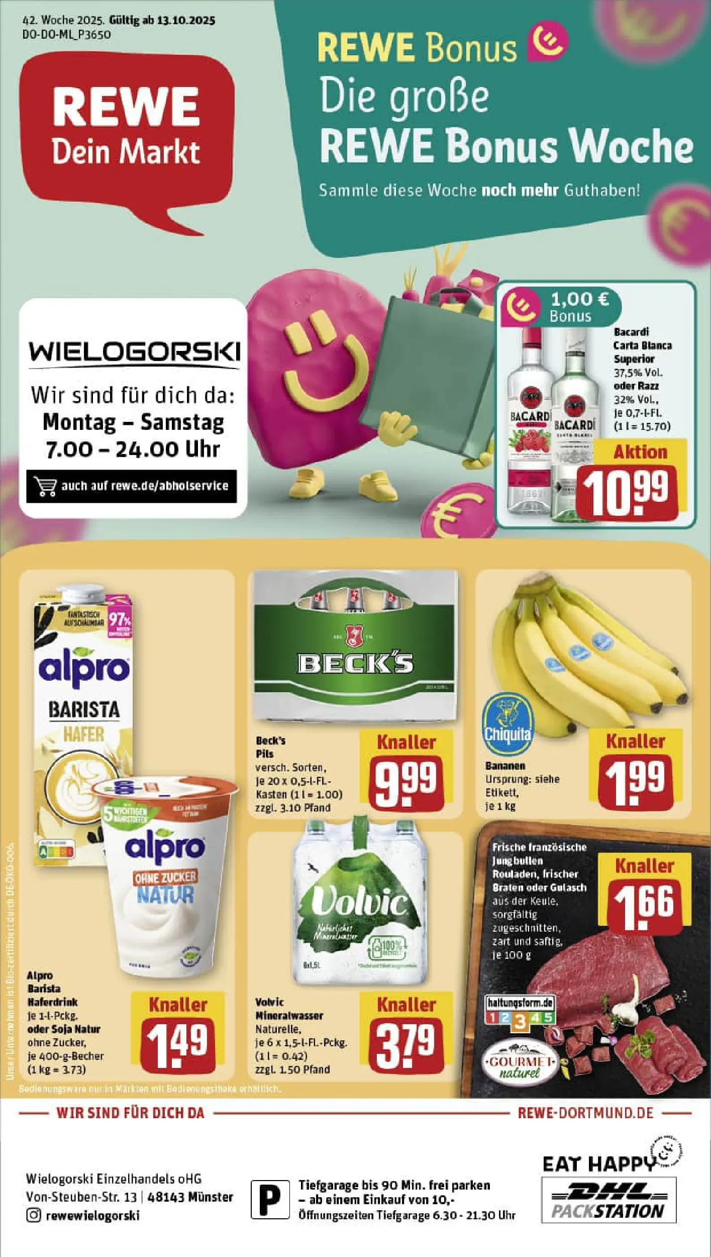 REWE Prospekt ab 13.10.2025 zum Blättern » Angebote | Seite: 1 | Produkte: Pils, Mineralwasser, Haferdrink, Zucker