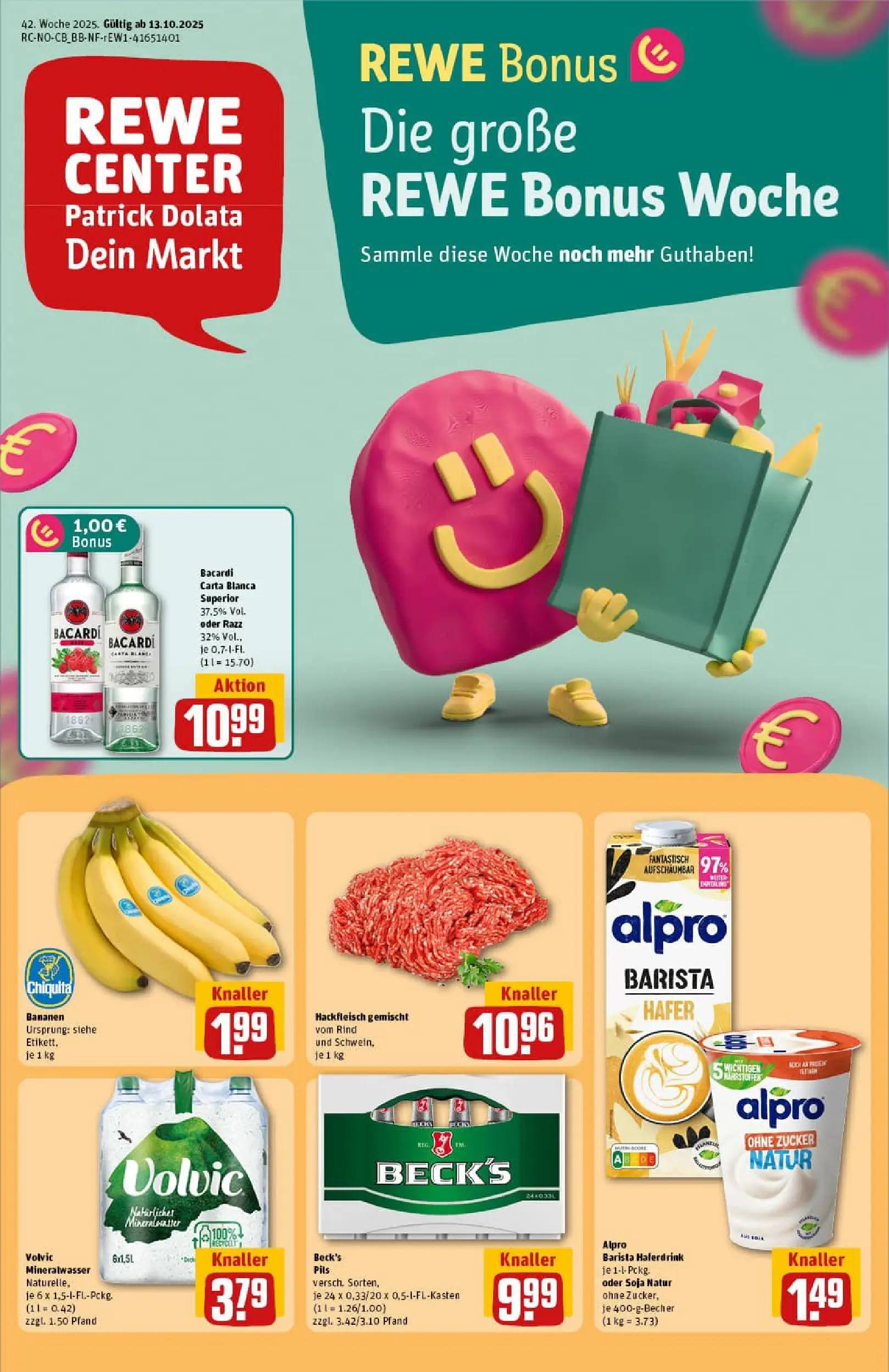REWE Prospekt ab 13.10.2025 zum Blättern » Angebote | Seite: 1 | Produkte: Alpro, Zucker, Volvic, Hackfleisch