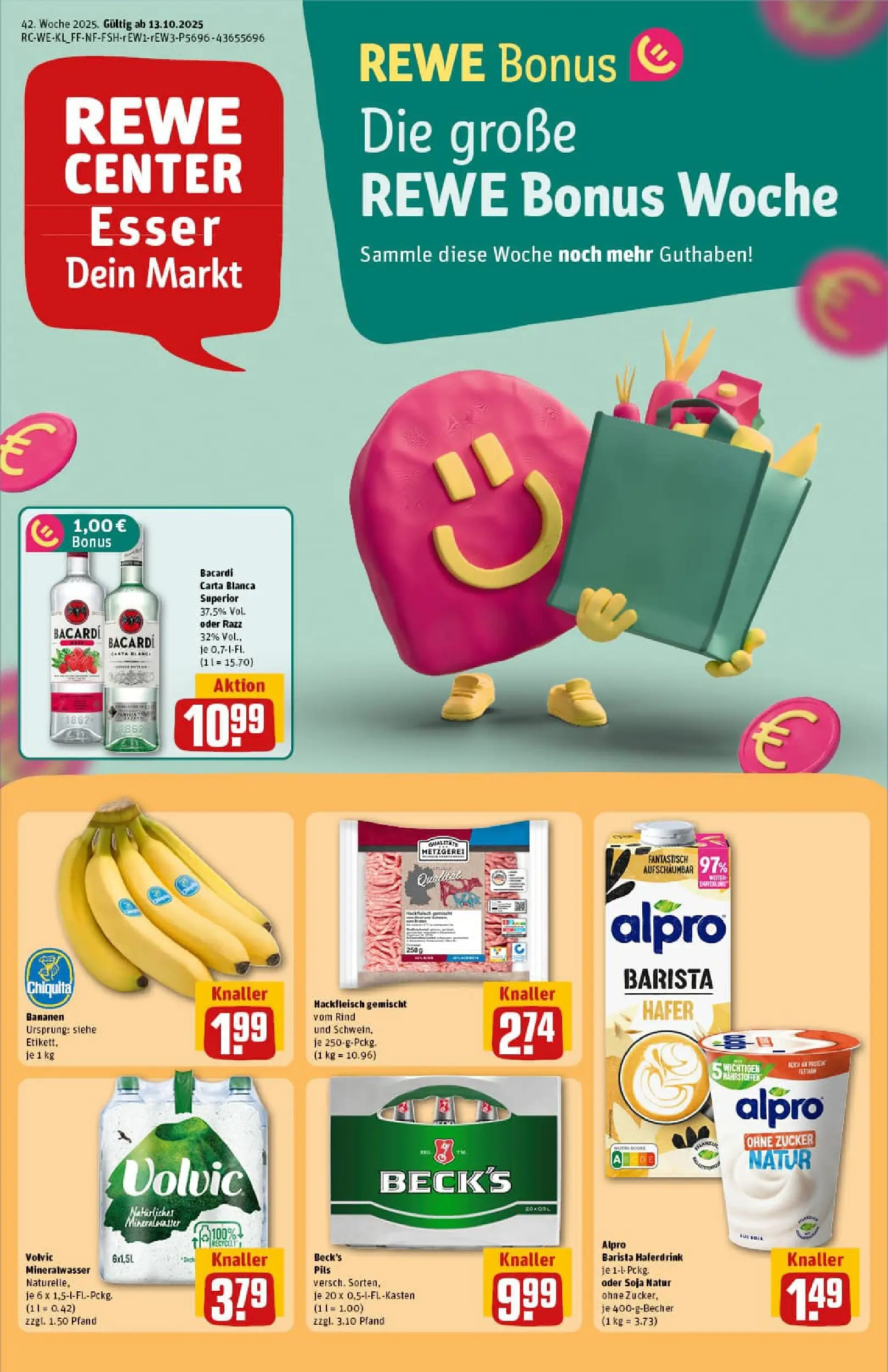 REWE Prospekt ab 13.10.2025 zum Blättern » Angebote | Seite: 1 | Produkte: Pils, Mineralwasser, Haferdrink, Alpro