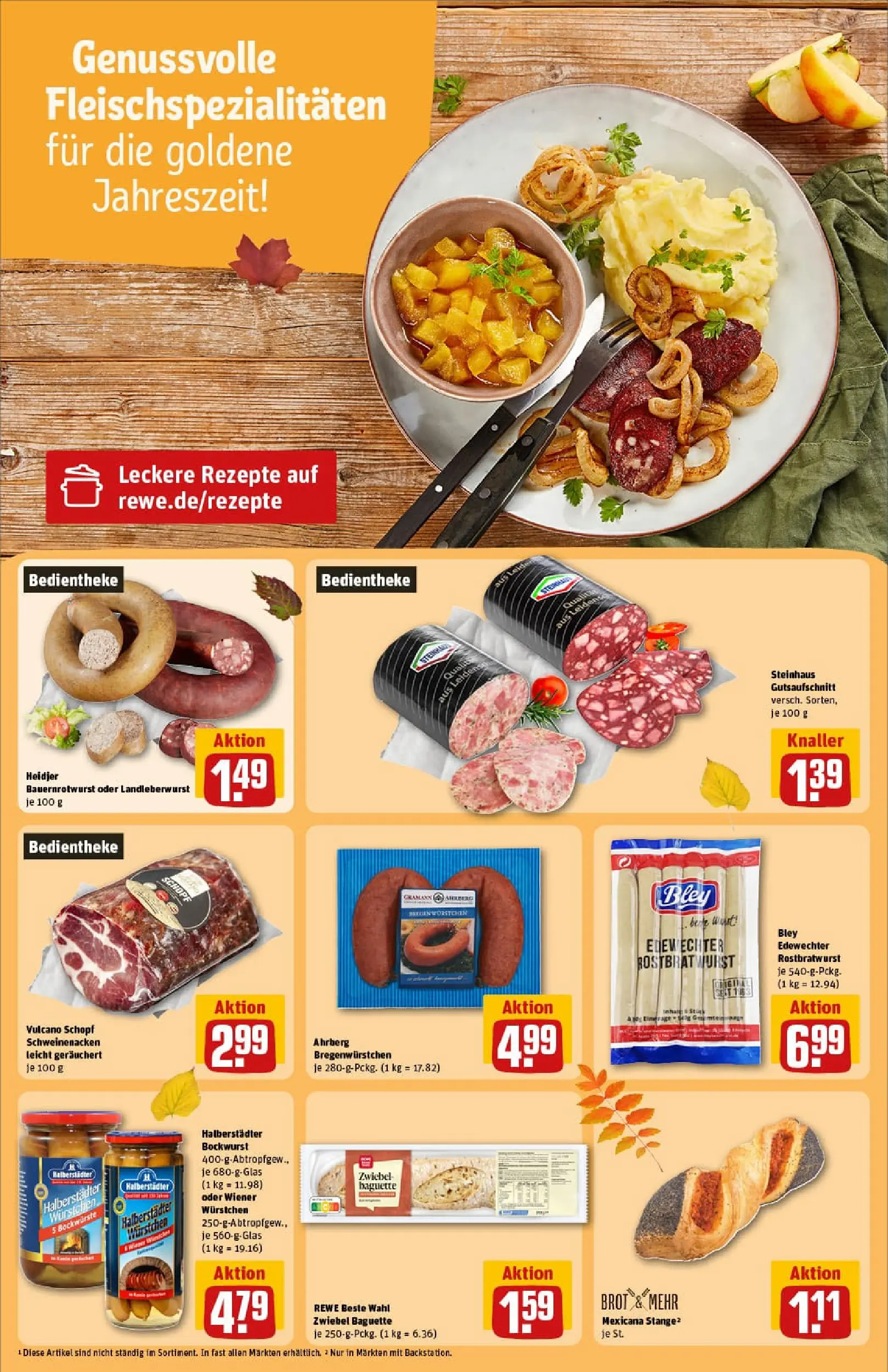 REWE Prospekt ab 13.10.2025 zum Blättern » Angebote | Seite: 19 | Produkte: Bockwurst, Schweinenacken, Baguette, Brot