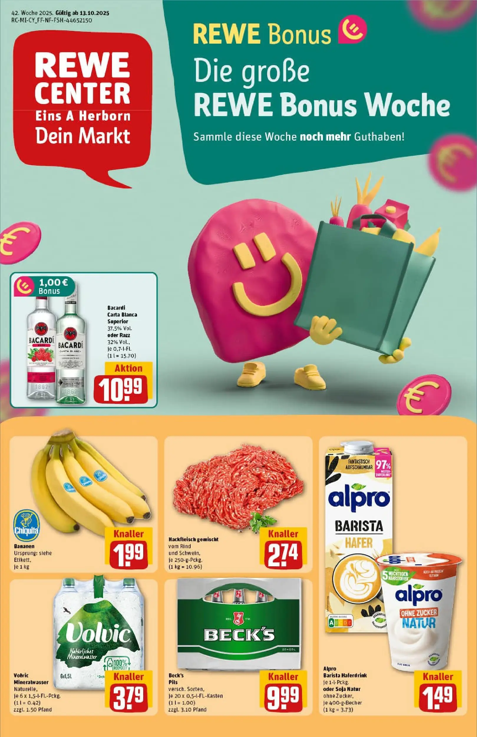 REWE Prospekt ab 13.10.2025 zum Blättern » Angebote | Seite: 1 | Produkte: Pils, Mineralwasser, Zucker, Hackfleisch