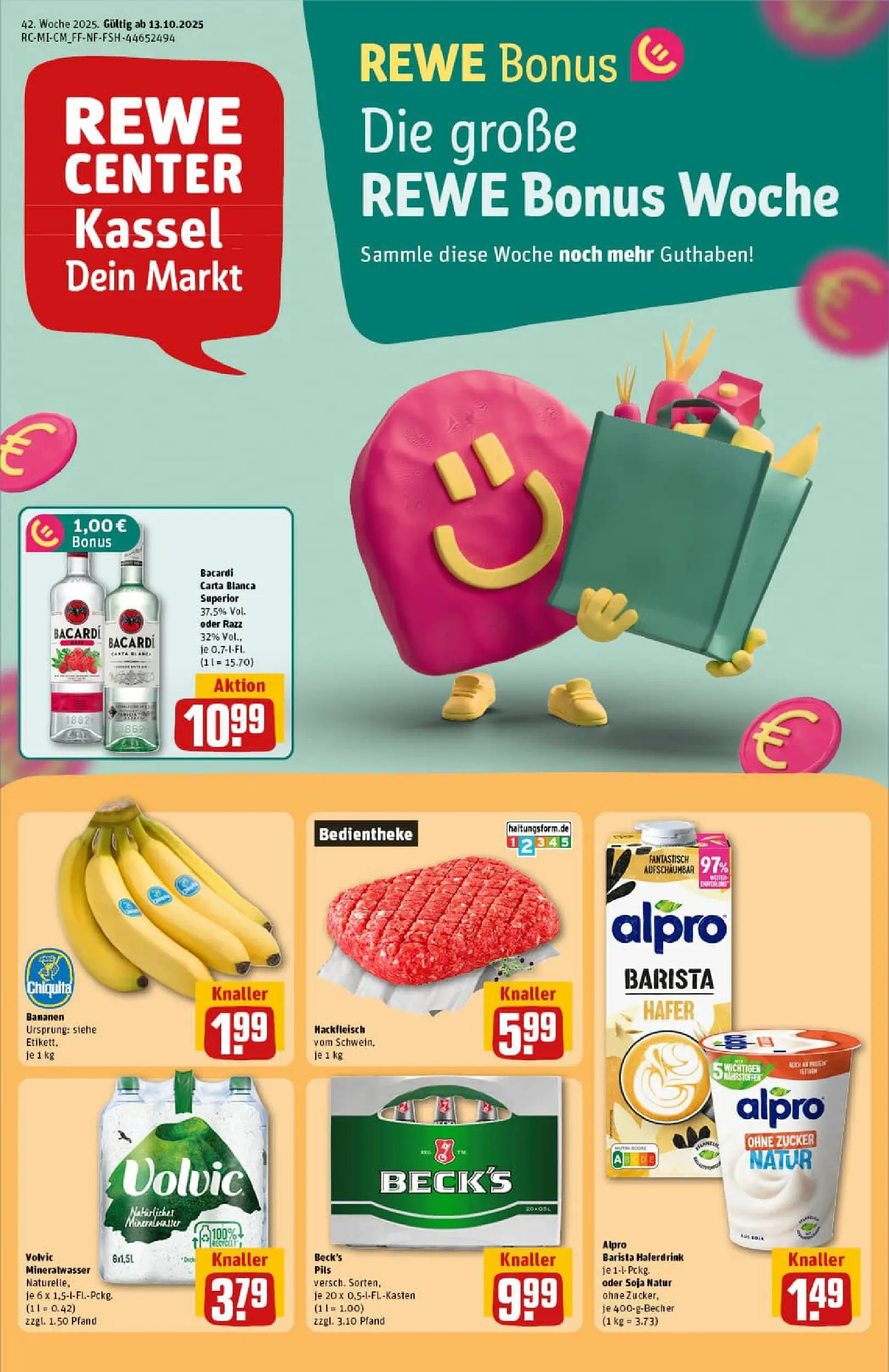 REWE Prospekt ab 13.10.2025 zum Blättern » Angebote | Seite: 1 | Produkte: Pils, Mineralwasser, Zucker, Hackfleisch