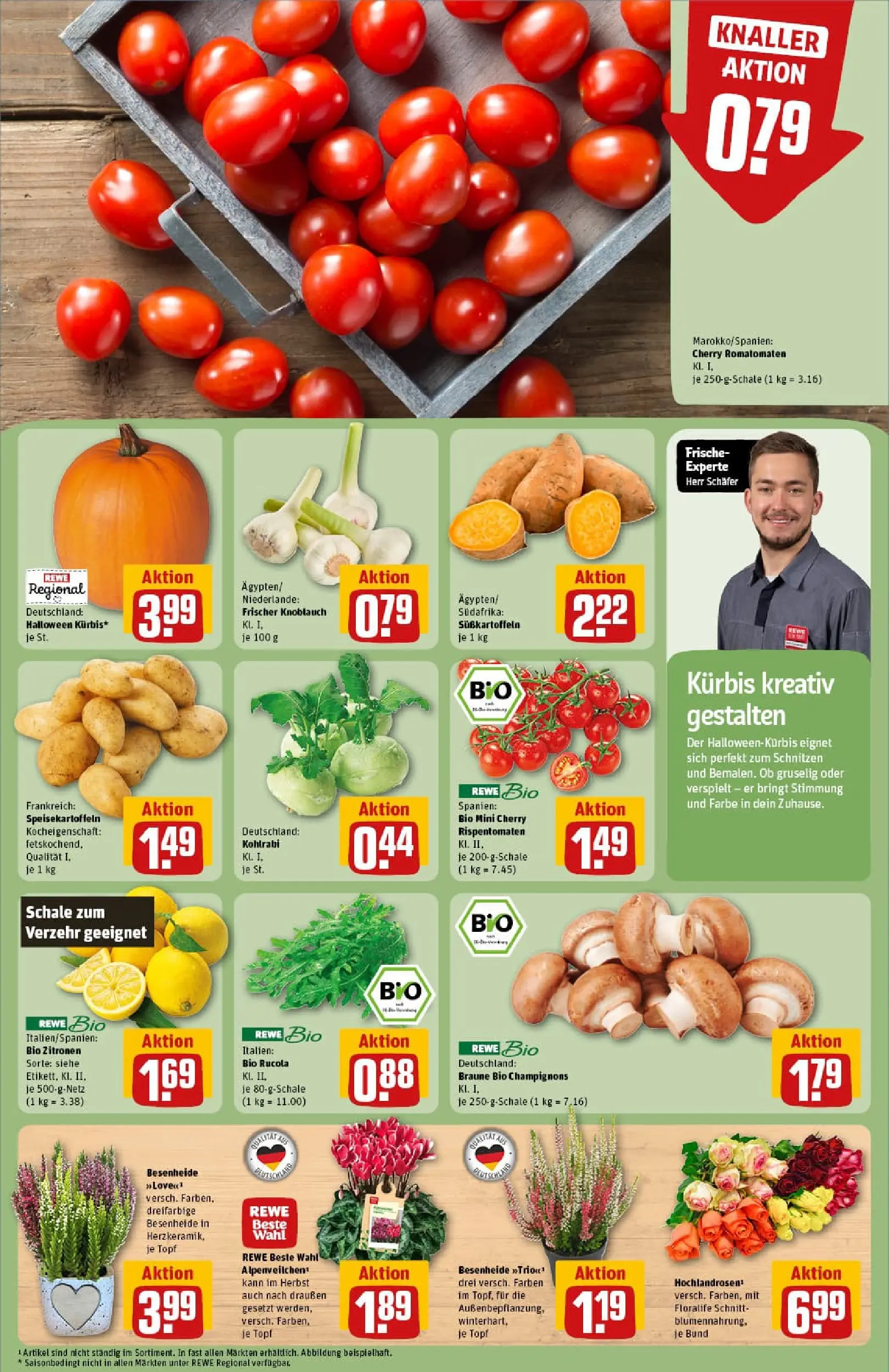 REWE Prospekt ab 13.10.2025 zum Blättern » Angebote | Seite: 7 | Produkte: Kohlrabi, Champignons, Knoblauch, Kürbis