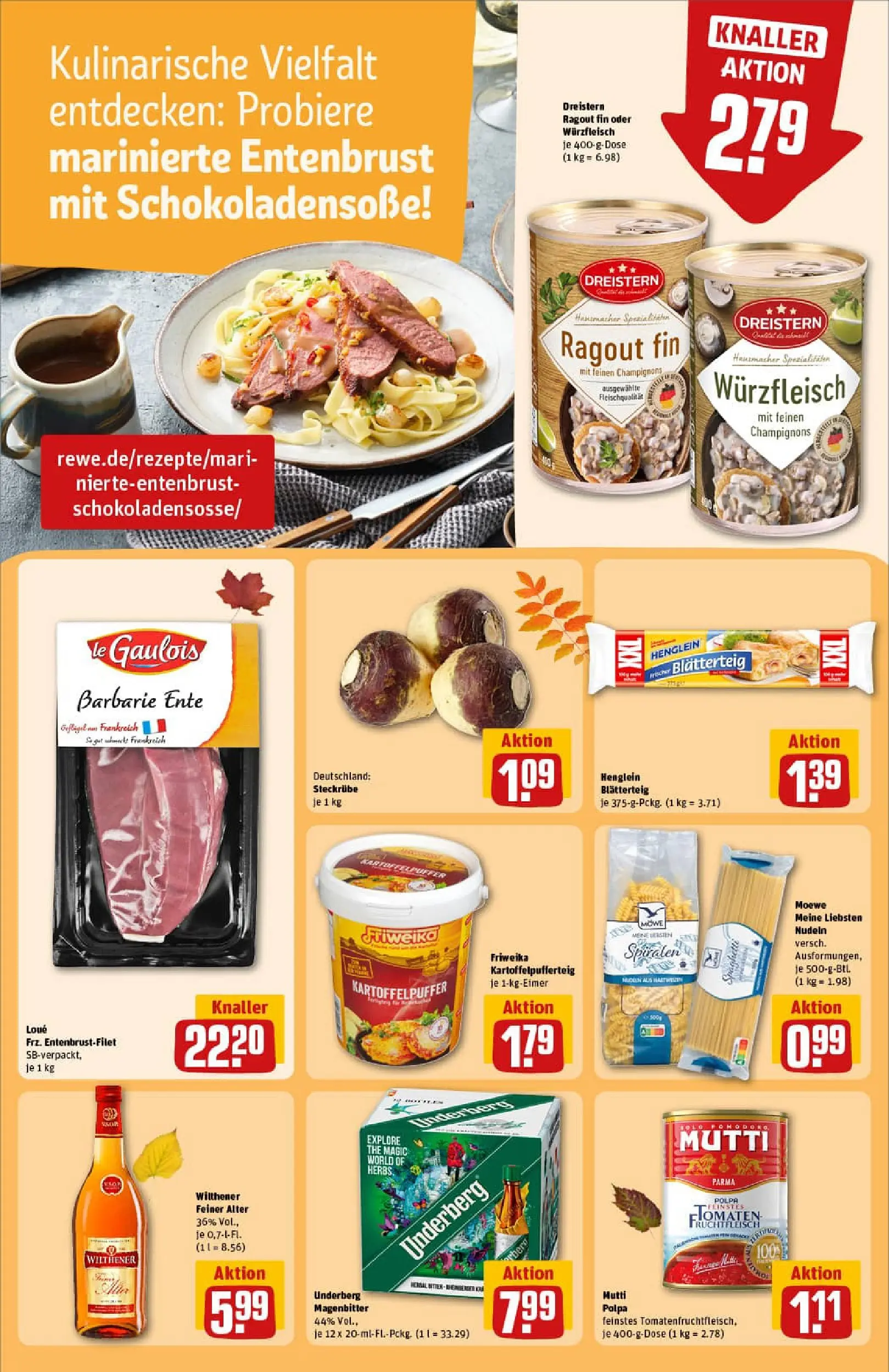 REWE Prospekt ab 13.10.2025 zum Blättern » Angebote | Seite: 19 | Produkte: Champignons, Nudeln, Ente, Underberg