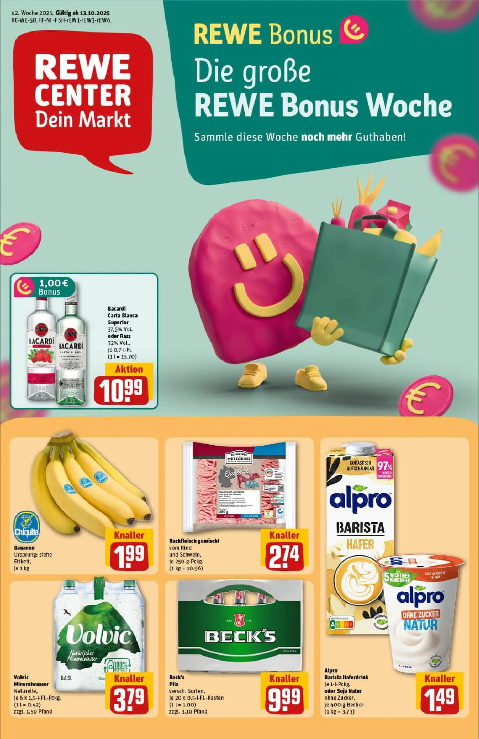 REWE Prospekt ab 13.10.2025 zum Blättern » Angebote | Seite: 1 | Produkte: Pils, Bananen, Alpro, Hackfleisch