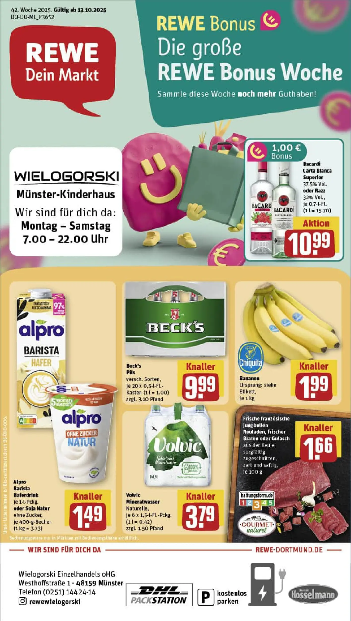 REWE Prospekt ab 13.10.2025 zum Blättern » Angebote | Seite: 1 | Produkte: Bacardi, Mineralwasser, Haferdrink, Zucker