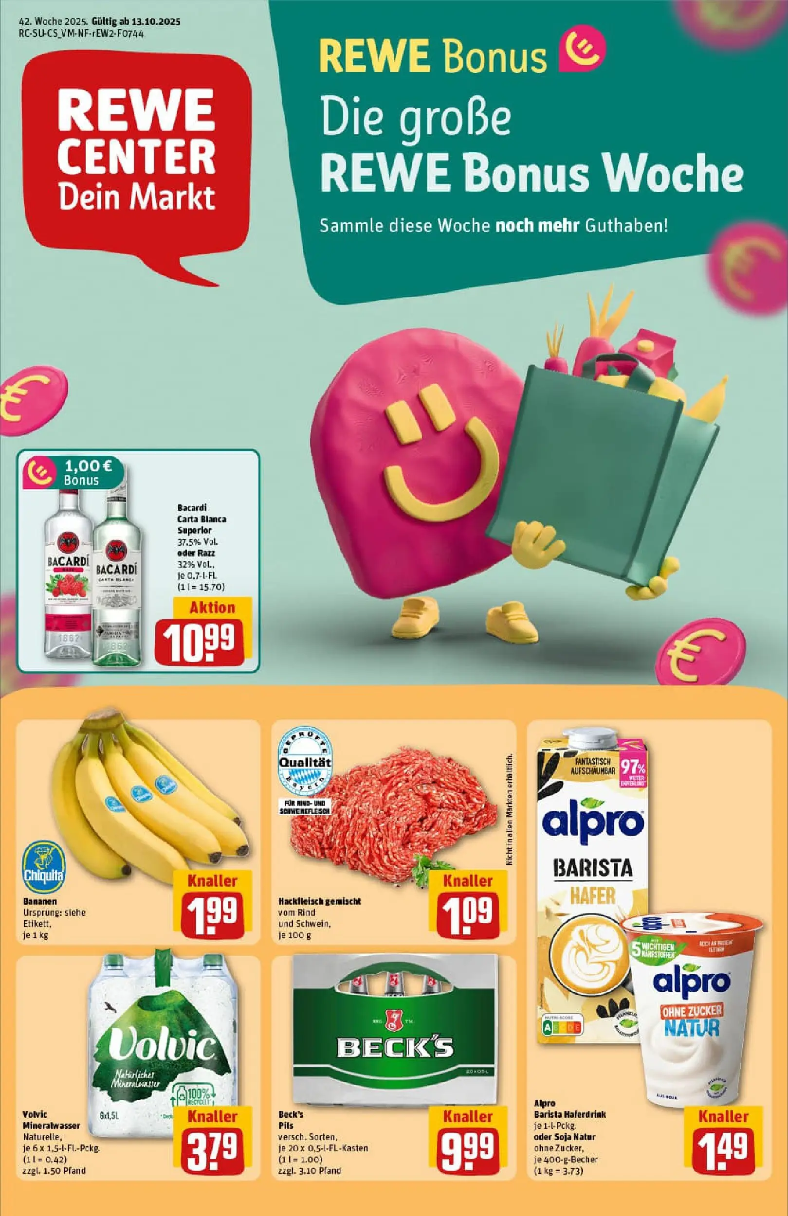REWE Prospekt ab 13.10.2025 zum Blättern » Angebote | Seite: 1 | Produkte: Bananen, Mineralwasser, Alpro, Volvic
