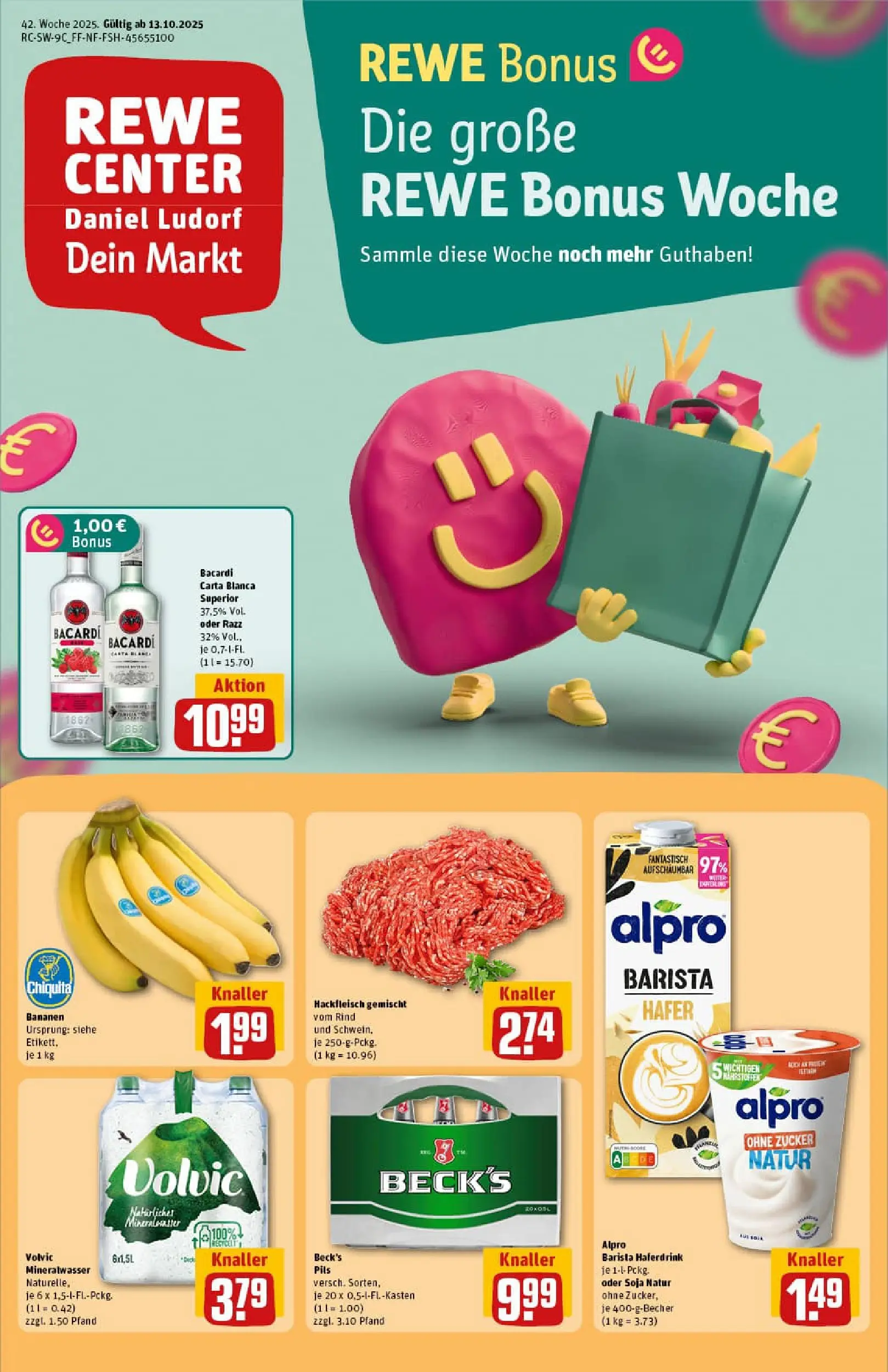 REWE Prospekt ab 13.10.2025 zum Blättern » Angebote | Seite: 1 | Produkte: Bacardi, Bananen, Alpro, Hackfleisch