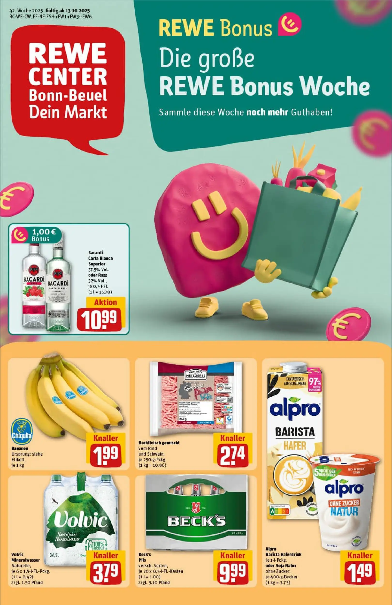 REWE Prospekt ab 13.10.2025 zum Blättern » Angebote | Seite: 1 | Produkte: Bananen, Haferdrink, Zucker, Volvic