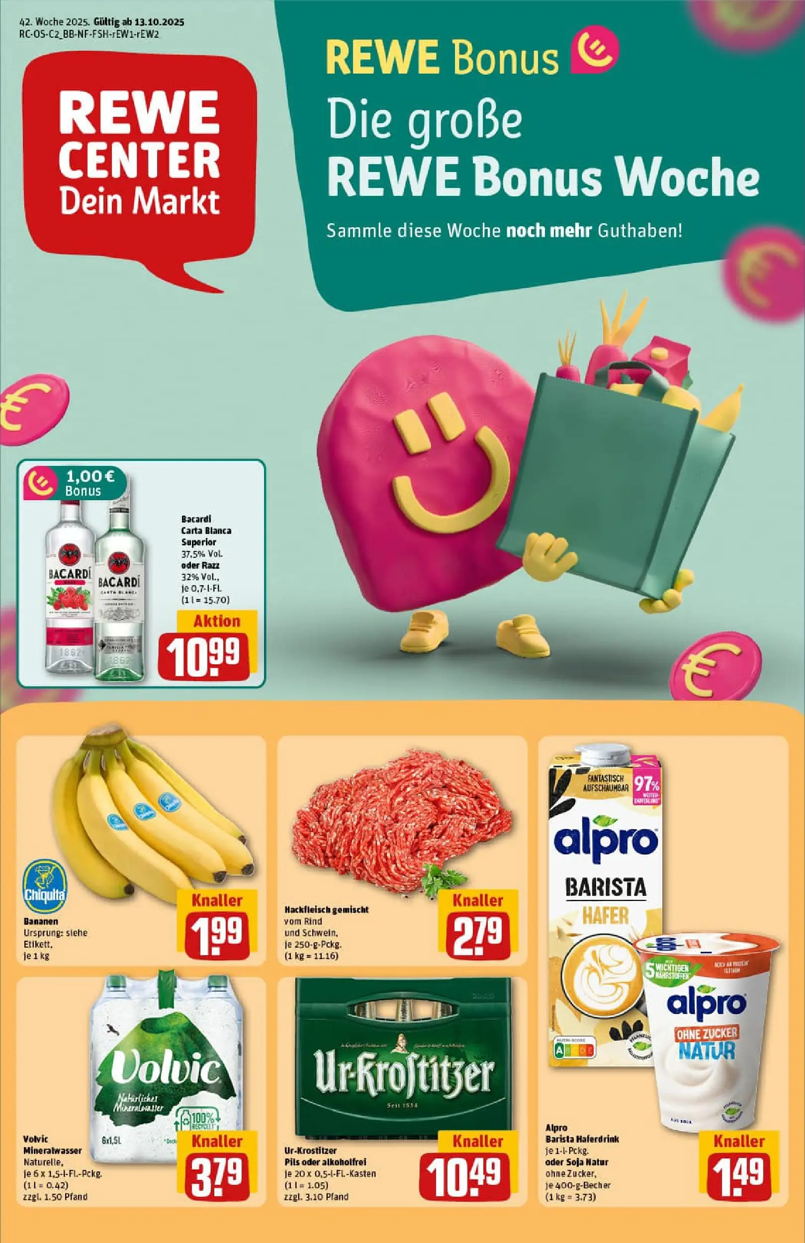 REWE Prospekt ab 13.10.2025 zum Blättern » Angebote | Seite: 1 | Produkte: Mineralwasser, Haferdrink, Alpro, Zucker