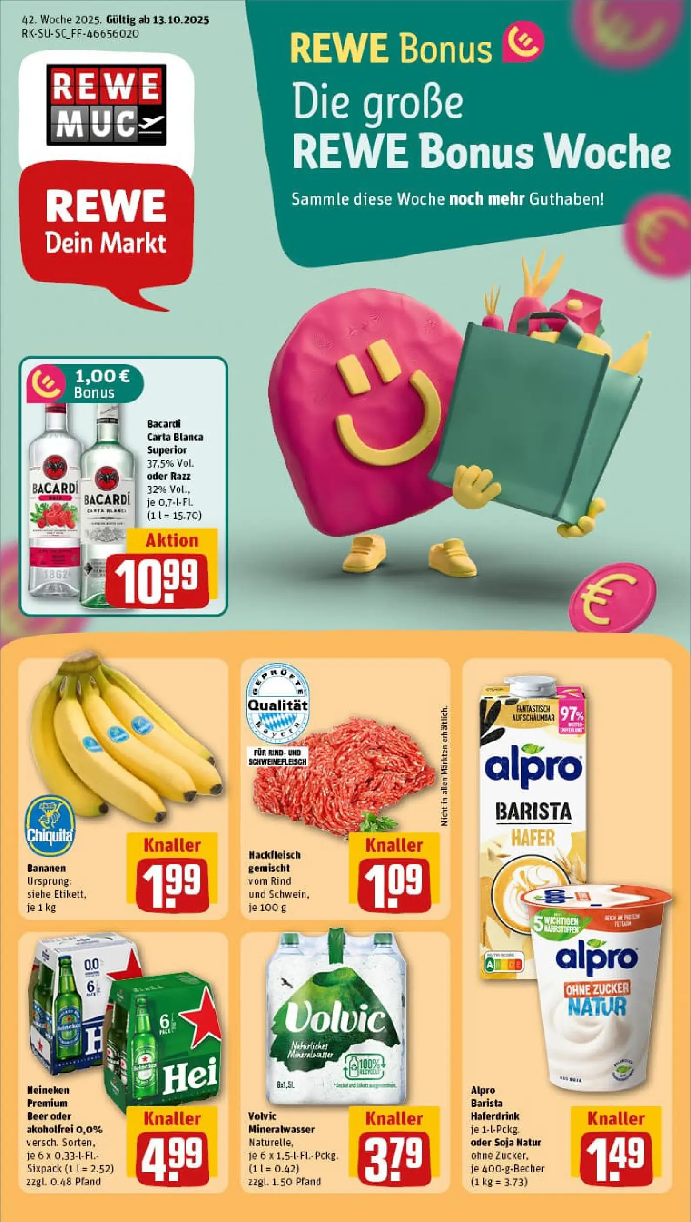 REWE Prospekt ab 13.10.2025 zum Blättern » Angebote | Seite: 1 | Produkte: Bacardi, Bananen, Mineralwasser, Volvic