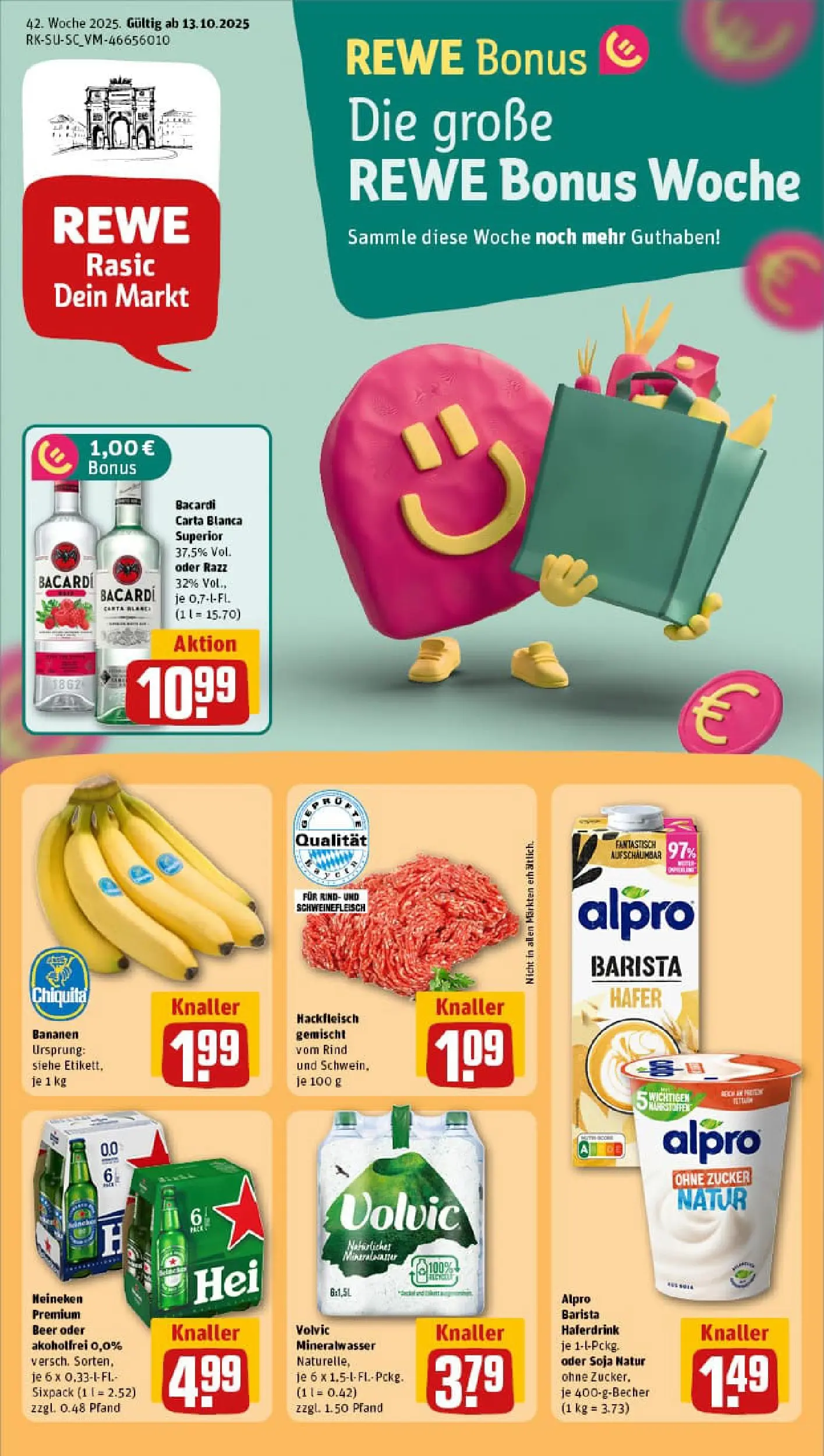REWE Prospekt ab 13.10.2025 zum Blättern » Angebote | Seite: 1 | Produkte: Bacardi, Mineralwasser, Haferdrink, Hackfleisch