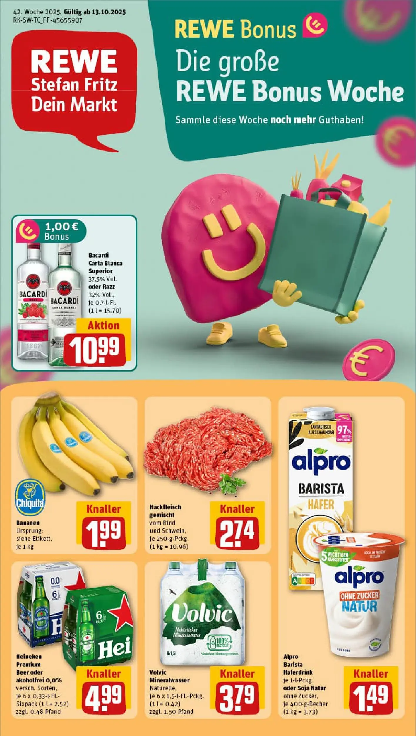 REWE Prospekt ab 13.10.2025 zum Blättern » Angebote | Seite: 1 | Produkte: Bacardi, Heineken, Zucker, Hackfleisch