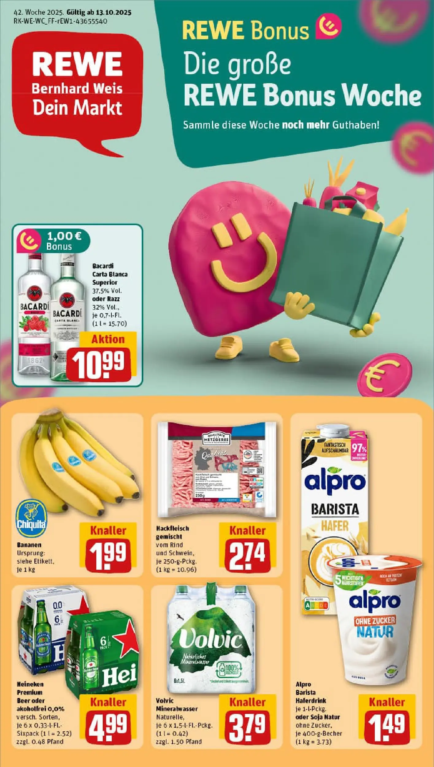REWE Prospekt ab 13.10.2025 zum Blättern » Angebote | Seite: 1 | Produkte: Rum, Bananen, Zucker, Hackfleisch