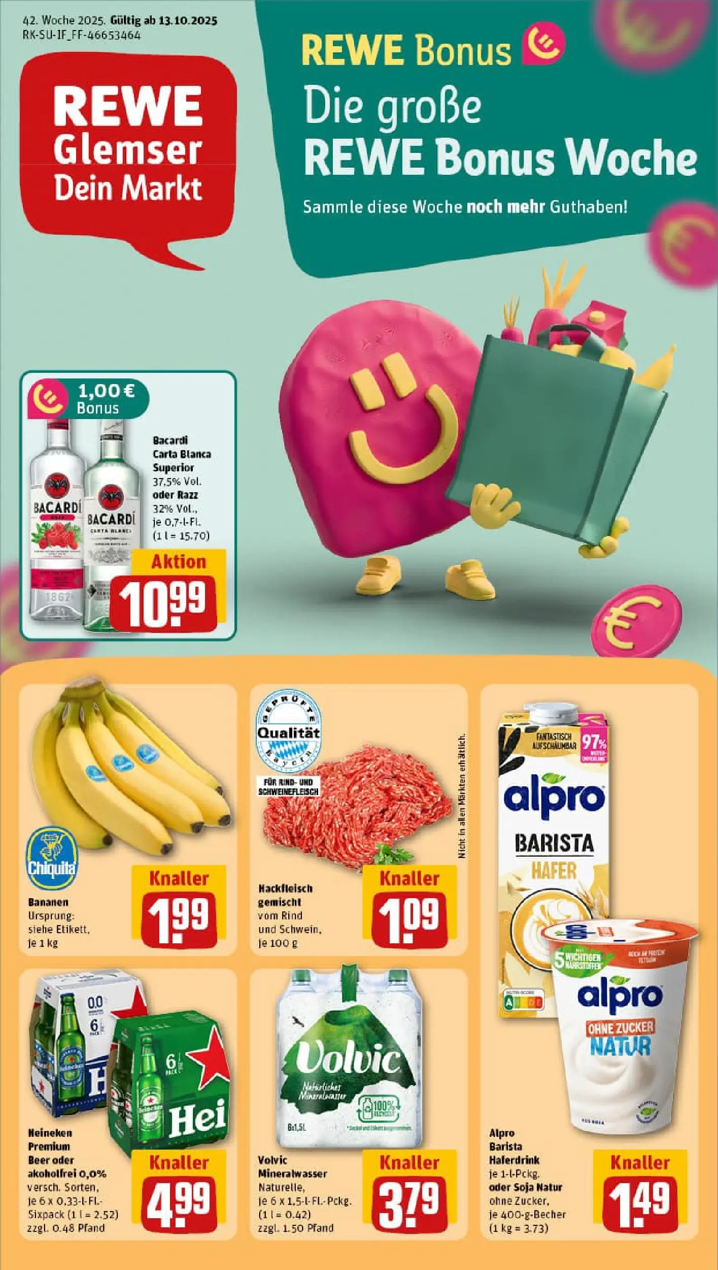REWE Prospekt ab 13.10.2025 zum Blättern » Angebote | Seite: 1 | Produkte: Rum, Mineralwasser, Alpro, Volvic