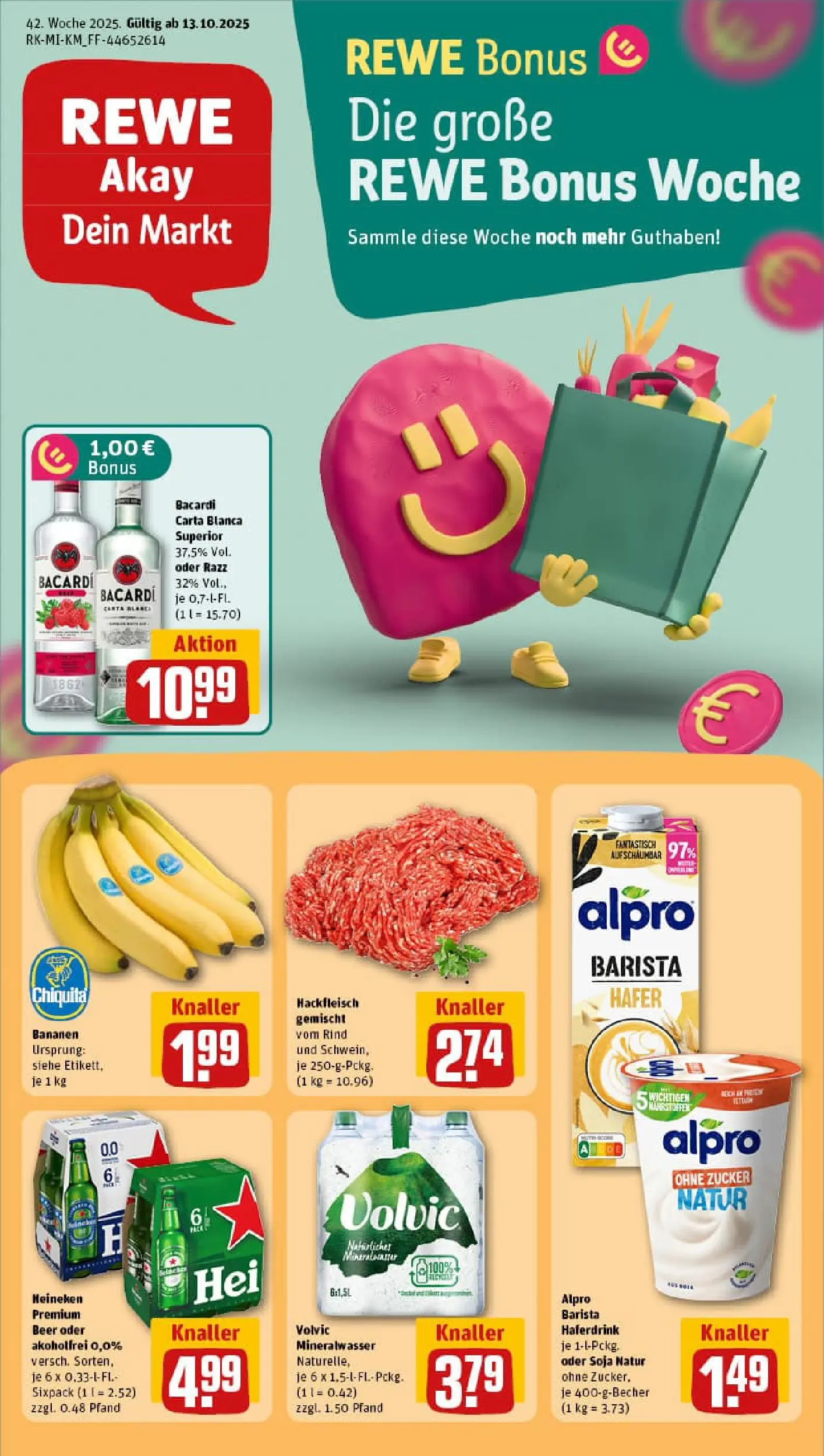 REWE Prospekt ab 13.10.2025 zum Blättern » Angebote | Seite: 1 | Produkte: Bacardi, Bananen, Heineken, Zucker
