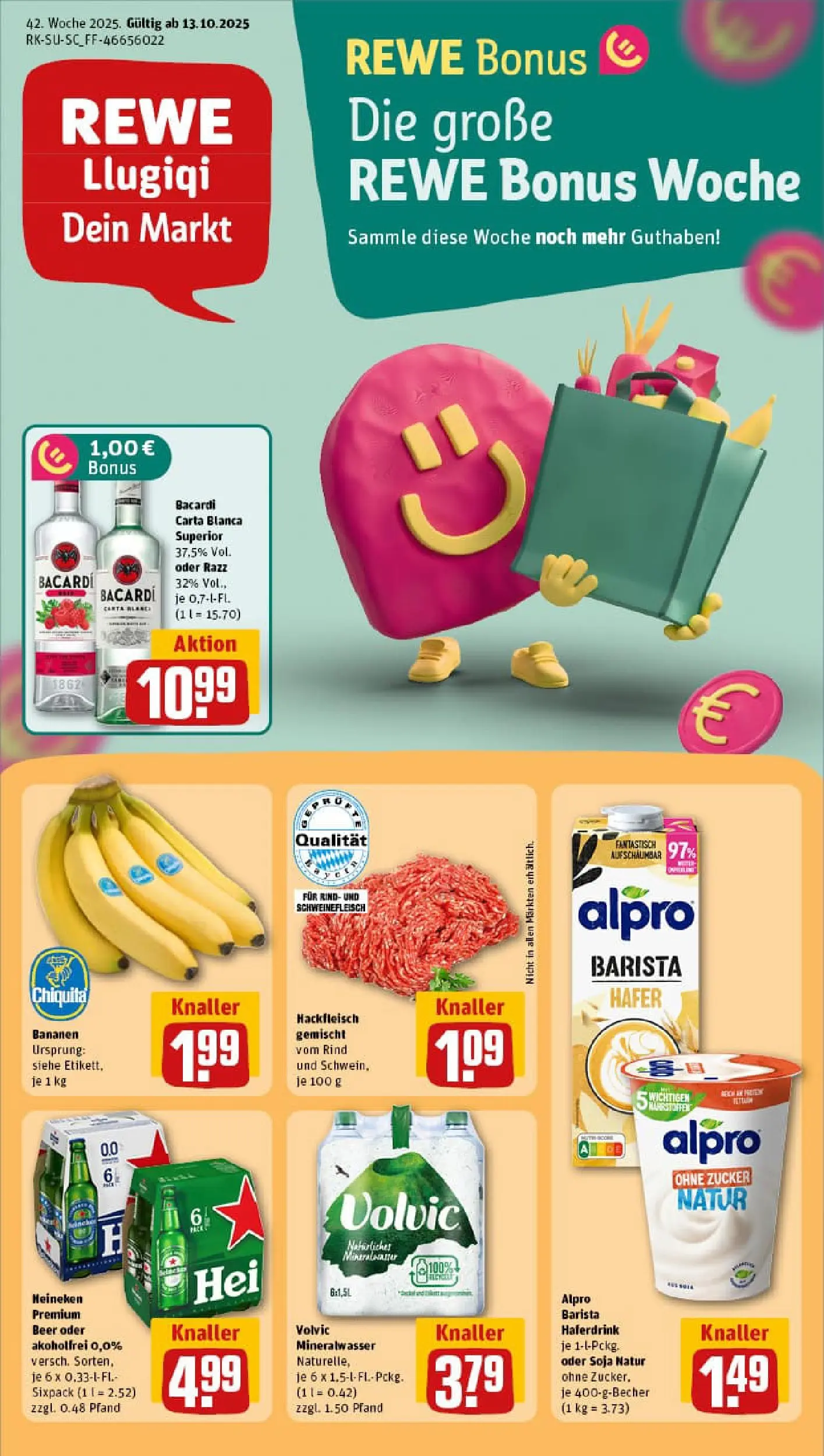 REWE Prospekt ab 13.10.2025 zum Blättern » Angebote | Seite: 1 | Produkte: Bananen, Zucker, Schweinefleisch, Volvic