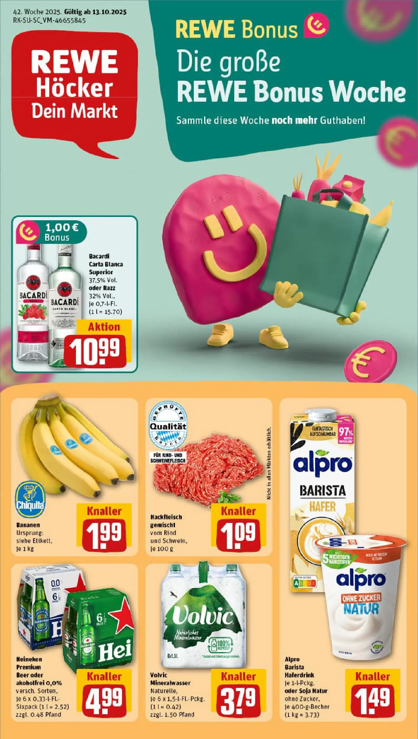 REWE Prospekt ab 13.10.2025 zum Blättern » Angebote | Seite: 1 | Produkte: Bananen, Heineken, Alpro, Hackfleisch