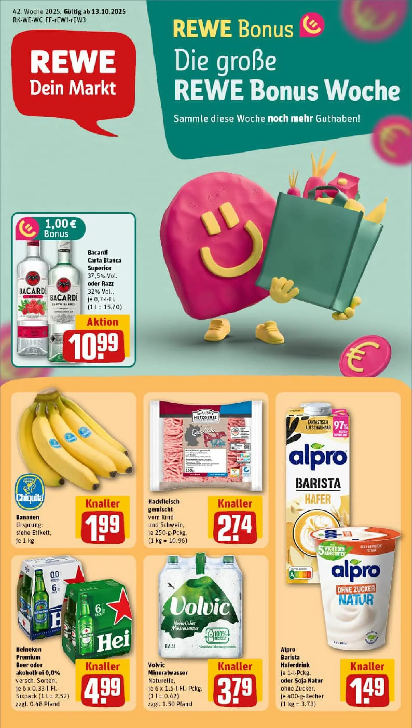 REWE Prospekt ab 13.10.2025 zum Blättern » Angebote | Seite: 1 | Produkte: Haferdrink, Alpro, Volvic, Hackfleisch