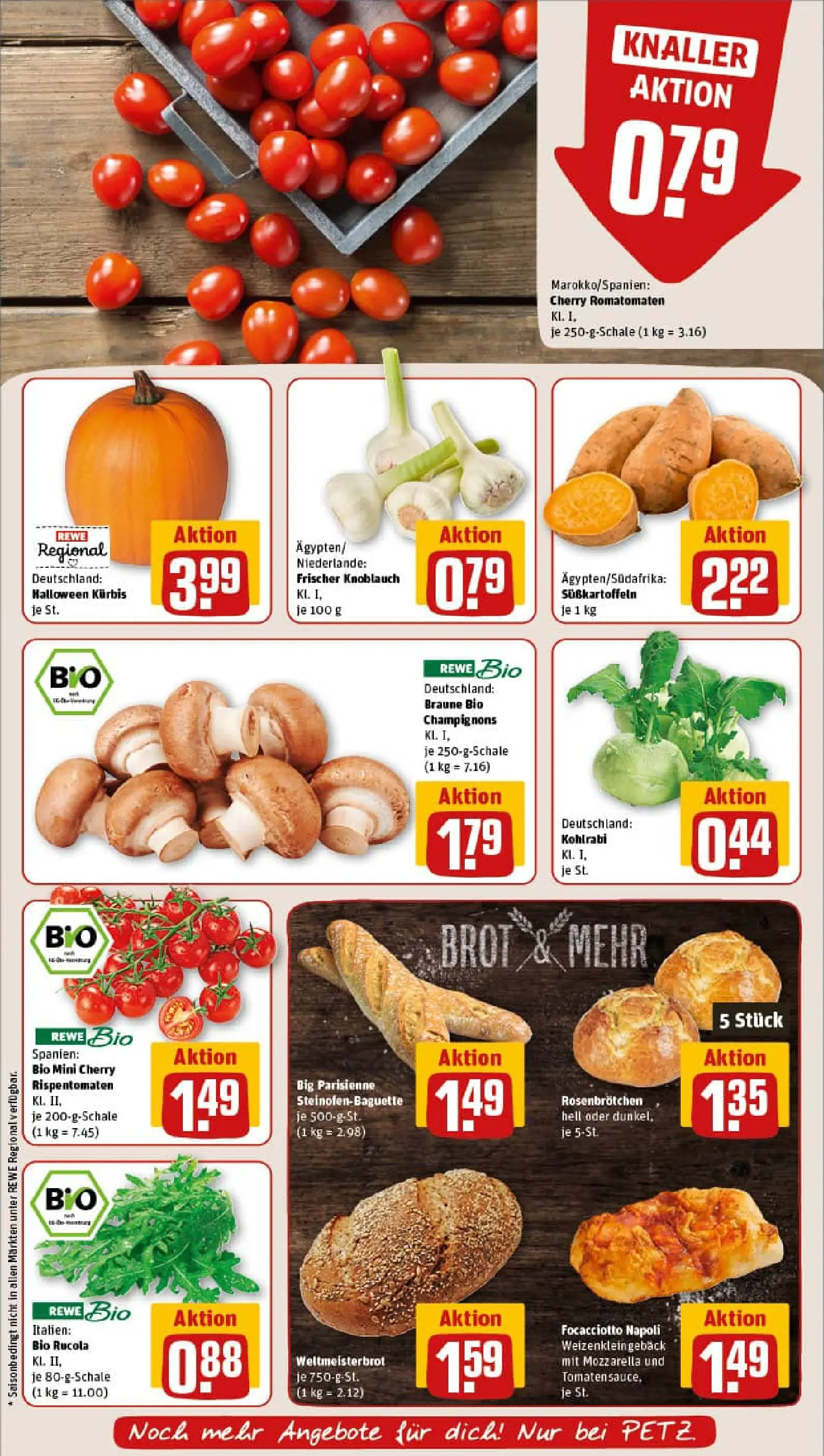 REWE Prospekt ab 13.10.2025 zum Blättern » Angebote | Seite: 7 | Produkte: Rucola, Kohlrabi, Champignons, Brot