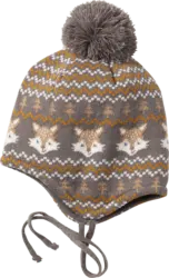 PUSBLU Mütze aus Strick mit Fuchs-Muster, grau & gelb, Gr. 50/51