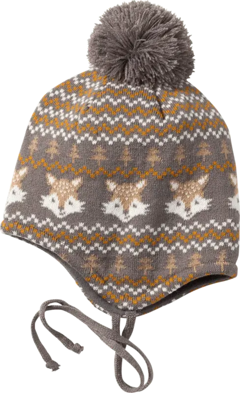 PUSBLU Mütze aus Strick mit Fuchs-Muster, grau & gelb, Gr. 50/51