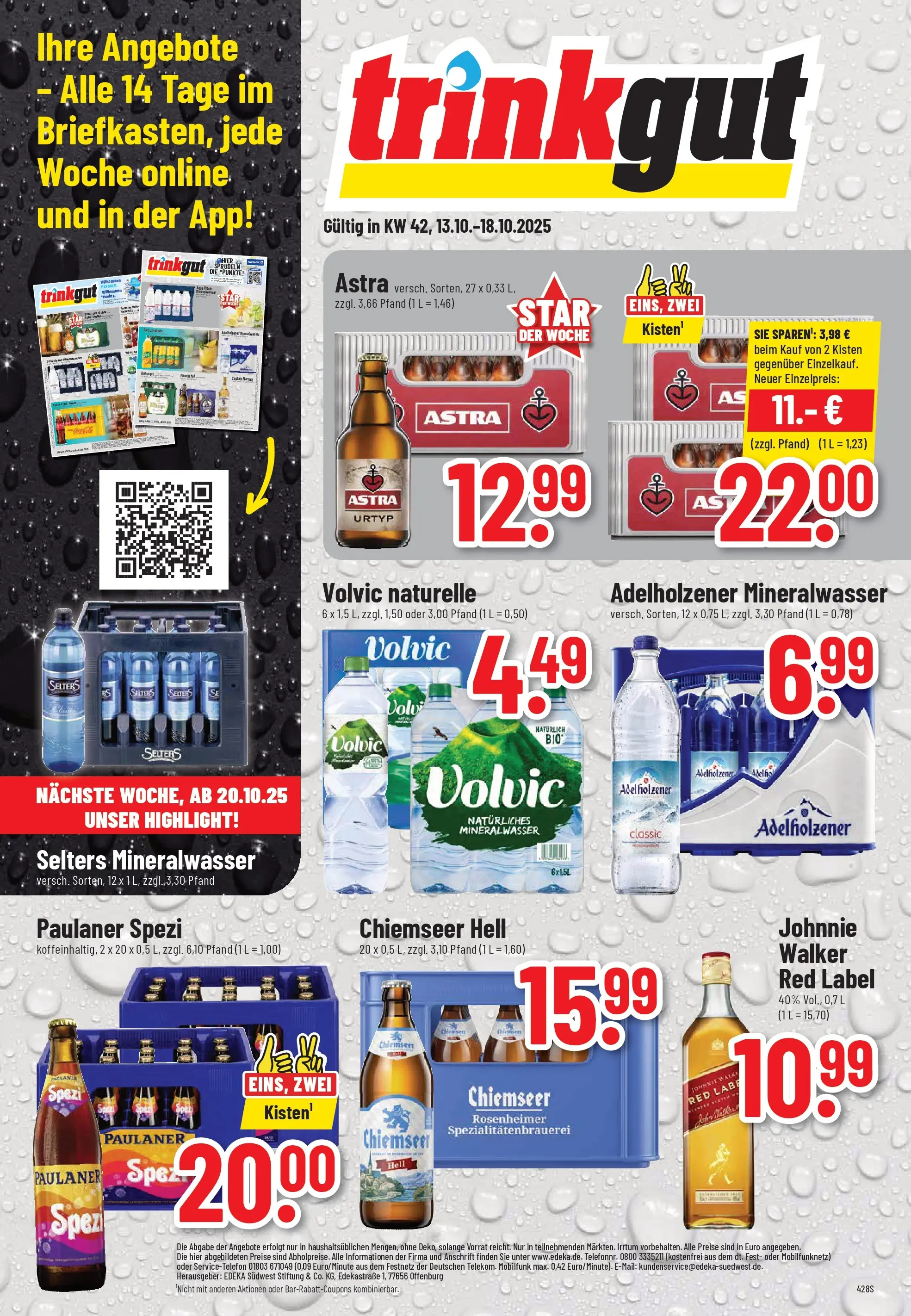 Trinkgut - trinkgut: Wochenangebote (ab 13.10.2025) » Angebote online | Seite: 1 | Produkte: Adelholzener, Mineralwasser, Volvic, Paulaner