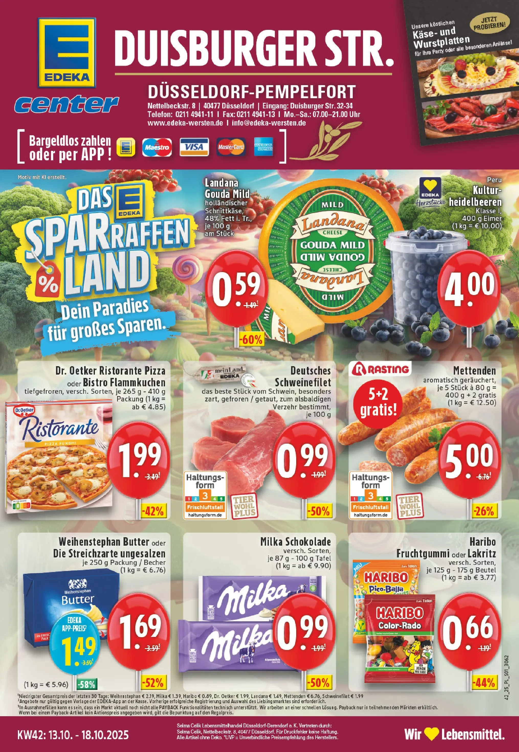 Edeka prospekt Düsseldorf-Derendorf	 (ab 13.10.2025) » Angebote Online | Seite: 1 | Produkte: Butter, Gouda, Heidelbeeren, Schweinefilet
